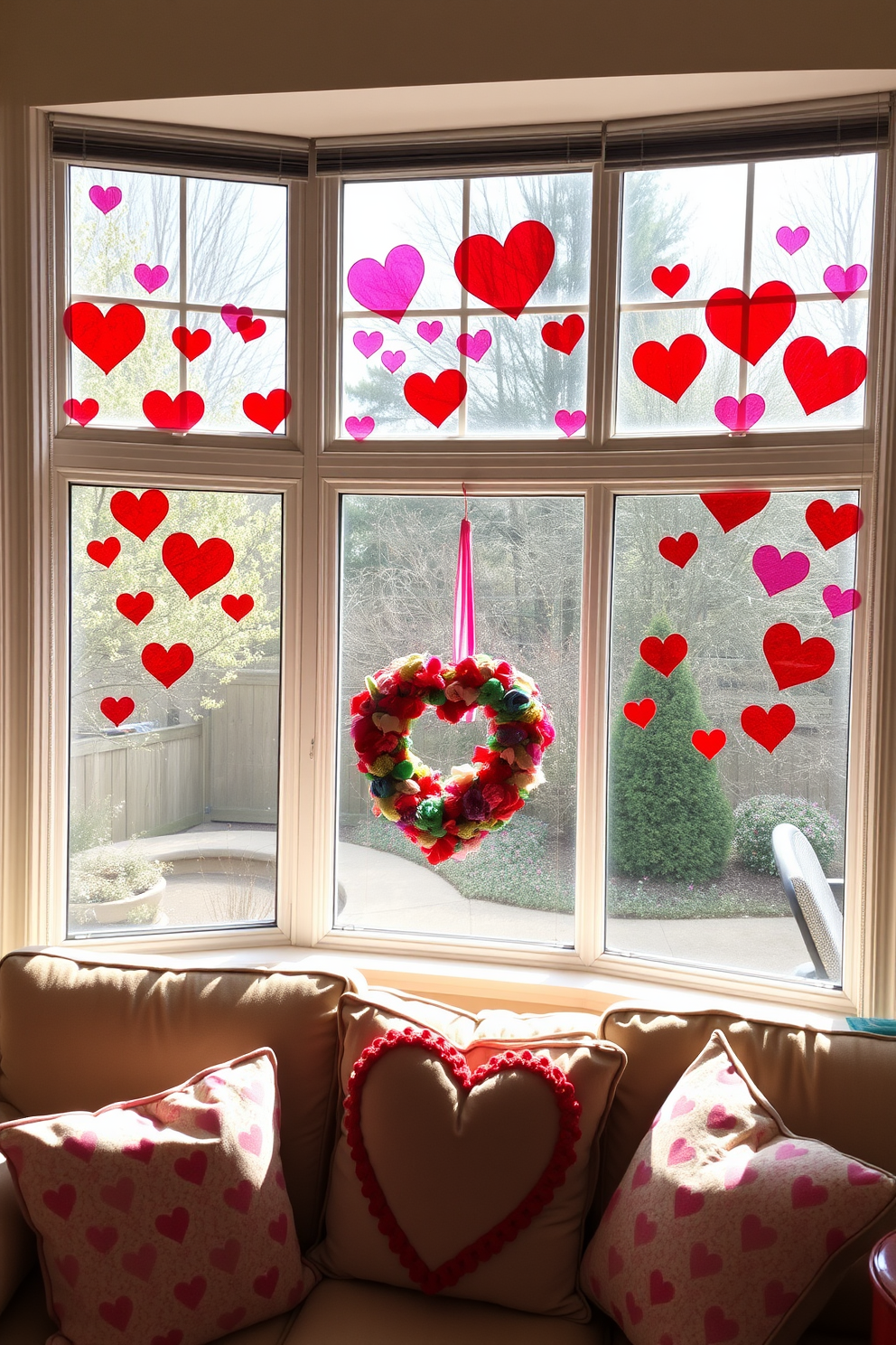 A whimsical display of heart-themed window clings adorns the large bay windows, creating a cheerful atmosphere for Valentine's Day. The clings feature various sizes and shades of red and pink hearts, playfully arranged to catch the sunlight and cast colorful reflections onto the room. In the cozy living area, a heart-shaped wreath hangs on the front door, welcoming guests with seasonal charm. Soft throw pillows in heart patterns are scattered across the couch, complementing the festive decor and inviting a warm, romantic ambiance.