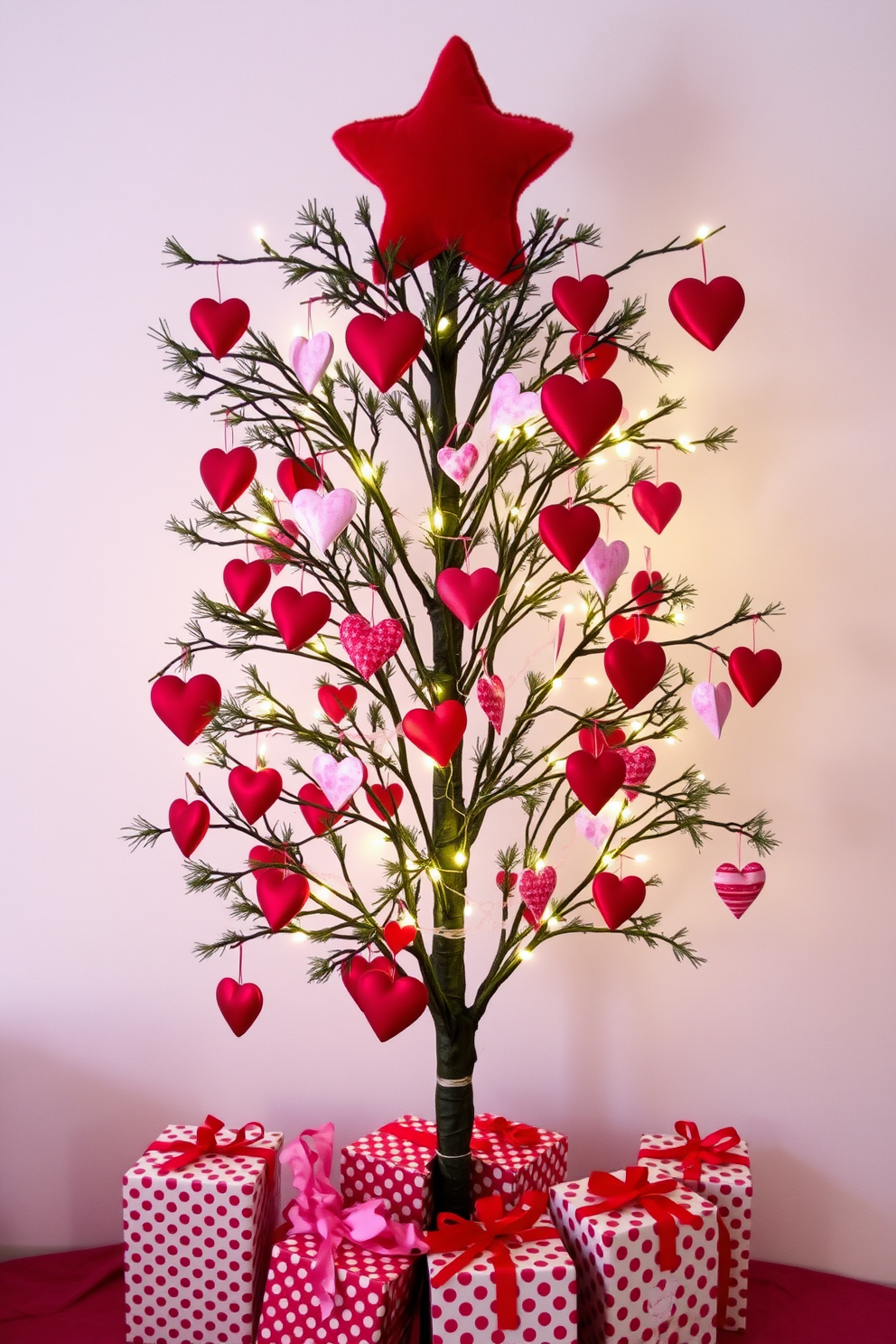 A charming Valentine's Day themed tree adorned with heart-shaped ornaments in shades of red and pink. Twinkling fairy lights wrap around the branches, casting a warm glow over the festive decorations. Delicate garlands of paper hearts drape gracefully from the tree's limbs, while a plush red star sits atop. Surrounding the base, a collection of themed gifts wrapped in vibrant paper adds a playful touch to the romantic setting.