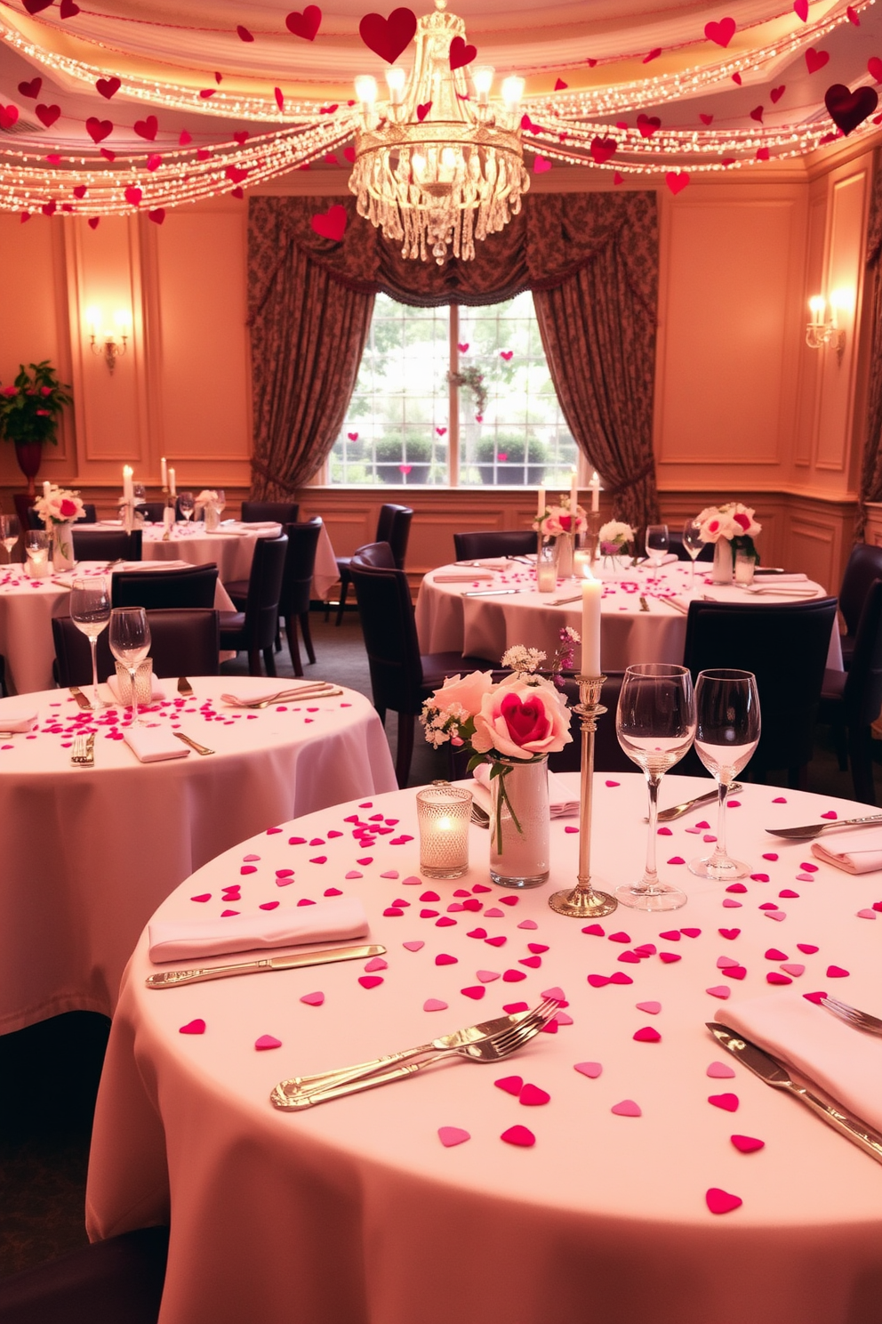 A romantic dining setting adorned with heart confetti scattered across elegantly set tables. Each table features soft candlelight and delicate floral arrangements, creating an intimate atmosphere for Valentine's Day celebrations.