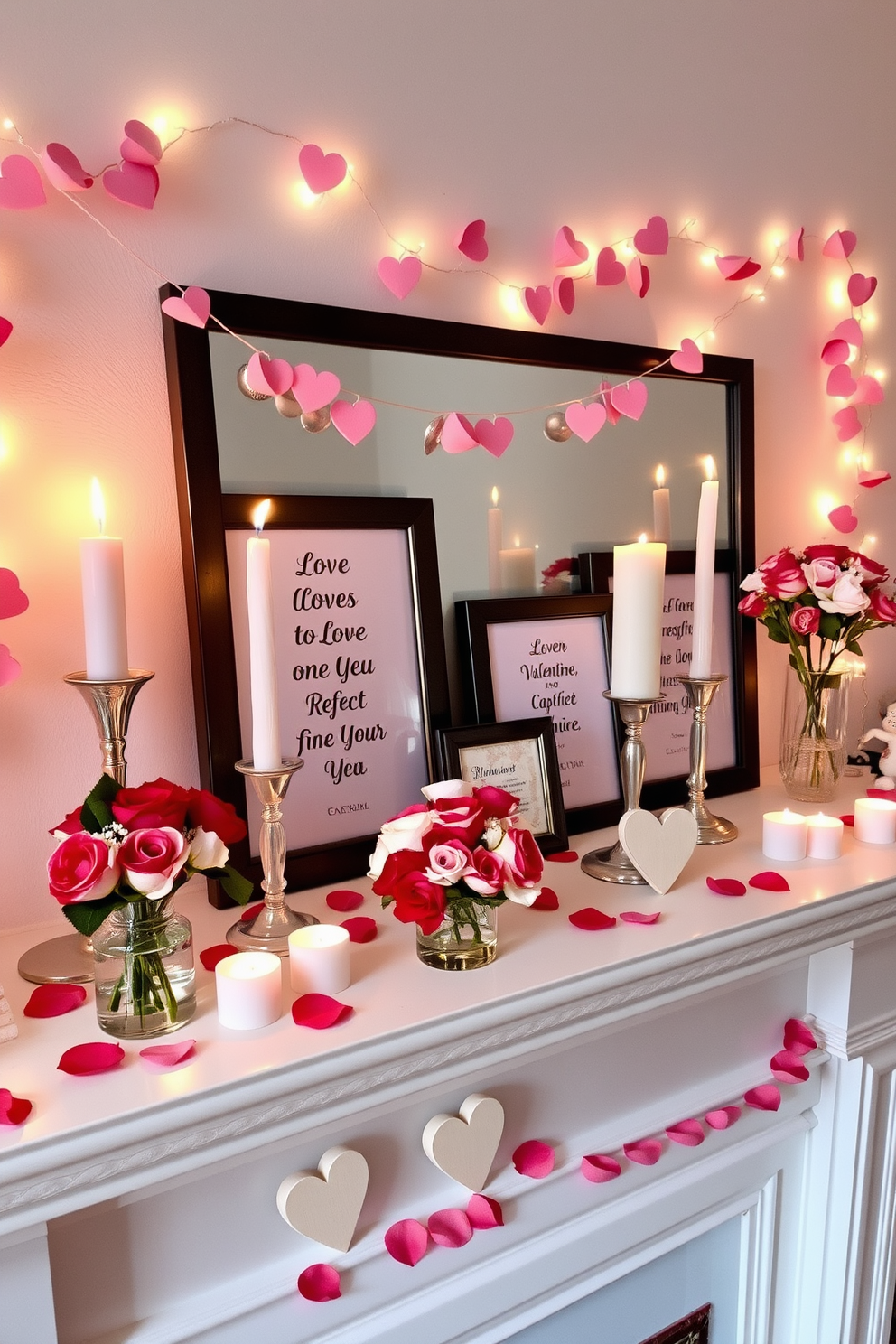 A romantic Valentine's Day mantel decor features a soft pink and white color palette, adorned with heart-shaped garlands and twinkling fairy lights. Elegant candles in varying heights are placed strategically, casting a warm glow, while a collection of framed love quotes adds a personal touch. Delicate floral arrangements of red and white roses sit in charming vases, complemented by scattered rose petals along the mantel. A few handcrafted wooden hearts and whimsical figurines complete the look, creating a cozy and inviting atmosphere perfect for celebrating love.