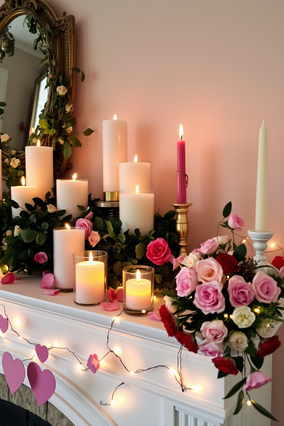 A cozy mantel adorned with an array of romantic candle displays, featuring varying heights and styles of candles nestled among lush greenery and delicate rose petals. Soft, flickering light creates an intimate atmosphere, enhanced by the warm glow of the candles against a backdrop of elegant, seasonal decor. For Valentine's Day, the mantel is beautifully decorated with heart-shaped accents and soft pink and red hues, complemented by charming fairy lights intertwined with fresh flowers. The overall arrangement evokes a sense of love and warmth, perfect for celebrating the occasion.