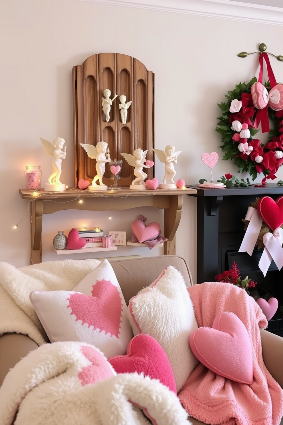 A charming display of Cupid figurines arranged on a vintage wooden shelf. The figurines are painted in soft pastels, surrounded by delicate fairy lights and heart-shaped decorations, creating a romantic ambiance for Valentine's Day. A cozy living room adorned with Valentine's Day decorations featuring Cupid motifs. Plush throw pillows and a soft blanket in shades of pink and red are draped over the sofa, while a heart-themed wreath hangs above the fireplace, enhancing the festive atmosphere.