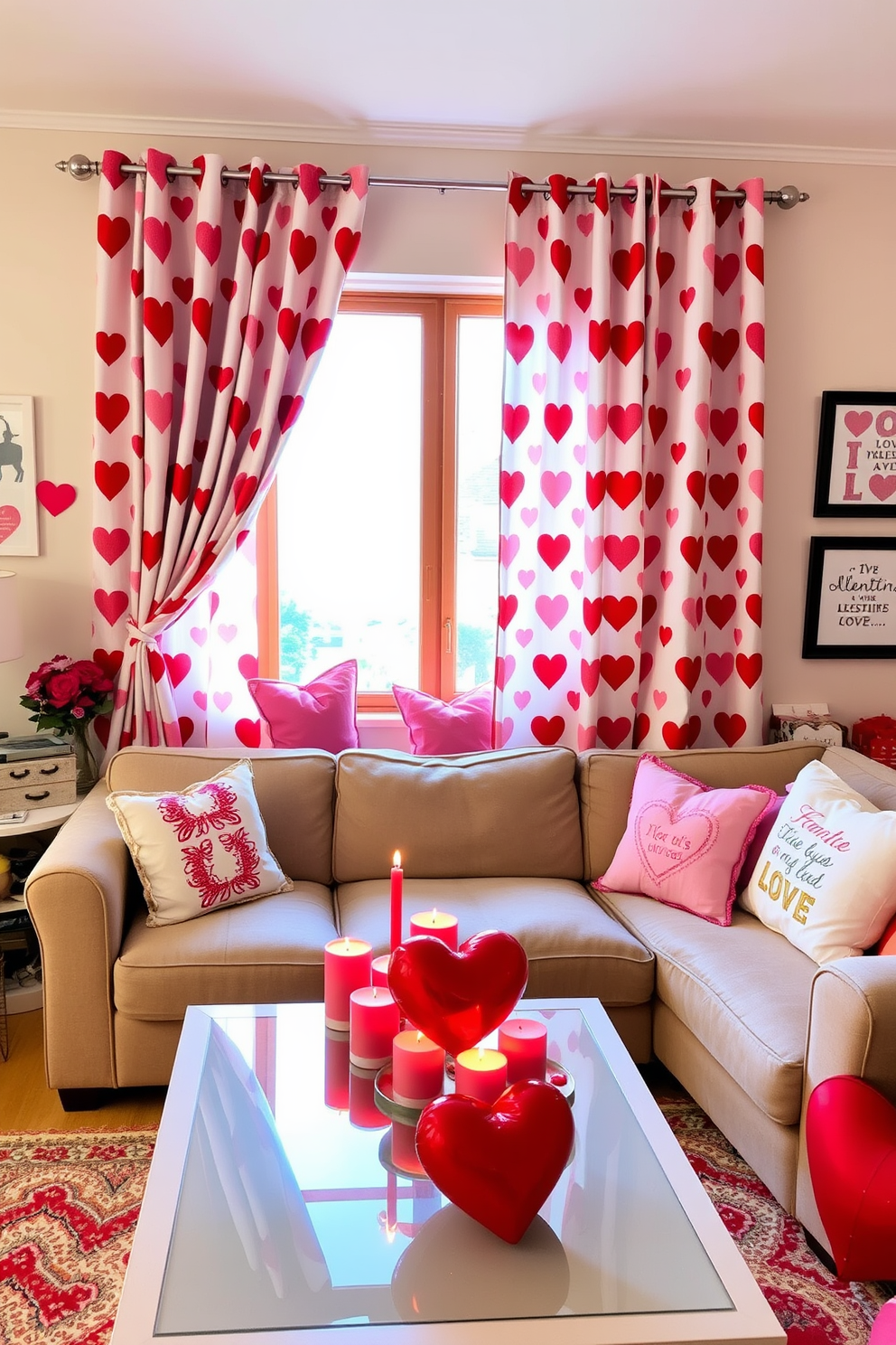 A cozy living room adorned with heart-patterned curtains that softly frame a large window, allowing natural light to filter through. The curtains feature a vibrant red and pink color scheme, adding a playful touch to the space, while a plush sofa in a neutral tone complements the decor. On the coffee table, a collection of romantic candles and a heart-shaped centerpiece create an inviting atmosphere. Surrounding the room, subtle Valentine's Day decorations, such as heart-shaped throw pillows and framed love quotes, enhance the festive spirit without overwhelming the design.