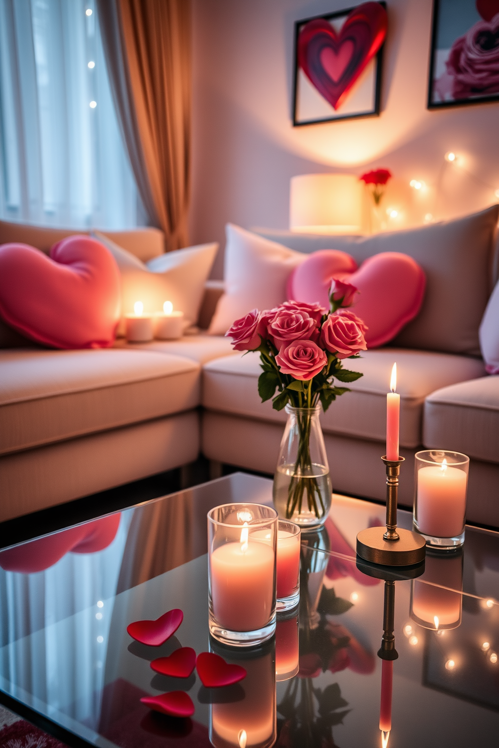 A romantic living room setting adorned with rose-scented candles placed on a sleek glass coffee table. Soft, ambient lighting casts a warm glow, enhancing the cozy atmosphere perfect for Valentine's Day celebrations. Delicate pink and red decorations are thoughtfully arranged around the room, including heart-shaped pillows on a plush sofa. A bouquet of fresh roses sits in a stylish vase, adding a touch of elegance to the festive decor.