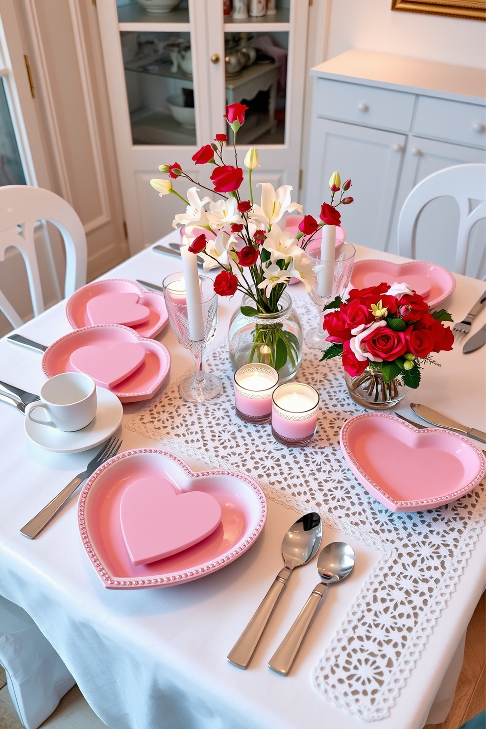 A charming dining table set for Valentine's Day features heart-shaped dishware in soft pink and white tones. Delicate floral arrangements with red roses and white lilies adorn the table, creating a romantic atmosphere. The table is elegantly laid with matching heart-shaped plates, cups, and cutlery, complemented by a lace table runner. Soft candlelight from heart-shaped candles flickers gently, enhancing the cozy and intimate vibe of the setting.