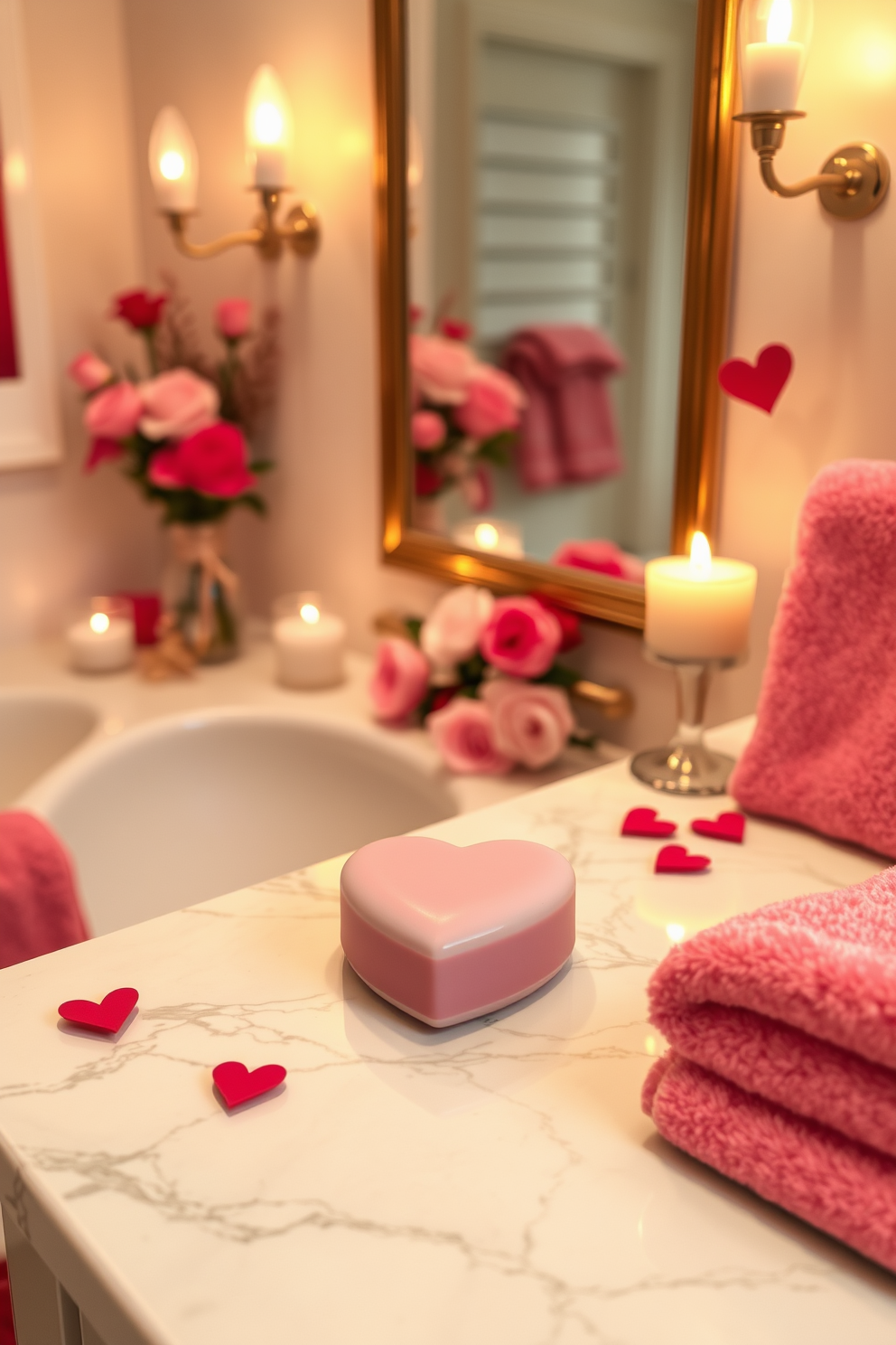 A romantic bathroom setting featuring heart-shaped soap elegantly displayed on a polished marble countertop. Soft candlelight flickers in the background, enhancing the warm atmosphere and highlighting the delicate details of the decor. For Valentine's Day, the bathroom is adorned with subtle touches of pink and red, including floral arrangements and heart-themed accessories. A plush bath mat and matching towels complete the look, creating a cozy and inviting space perfect for celebrating love.