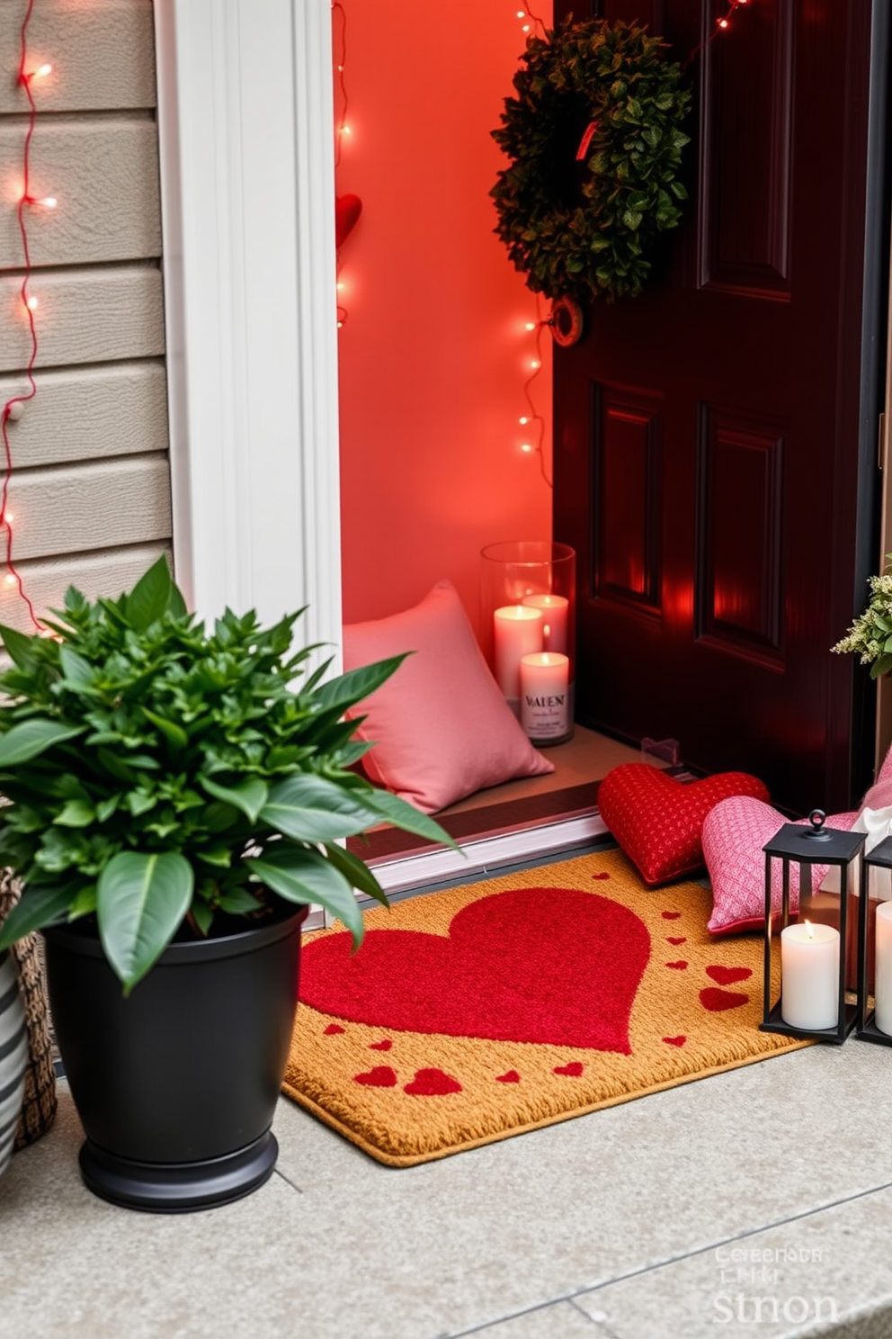 A charming Valentine’s Day themed doormat welcomes guests with a playful heart design in shades of red and pink. The mat features a soft texture, perfect for adding a cozy touch to the entrance while spreading love and cheer. For Valentine’s Day decorating ideas, consider adorning your living space with heart-shaped cushions and romantic candle arrangements. String lights in soft pink hues can create a warm ambiance, enhancing the festive spirit throughout the home.