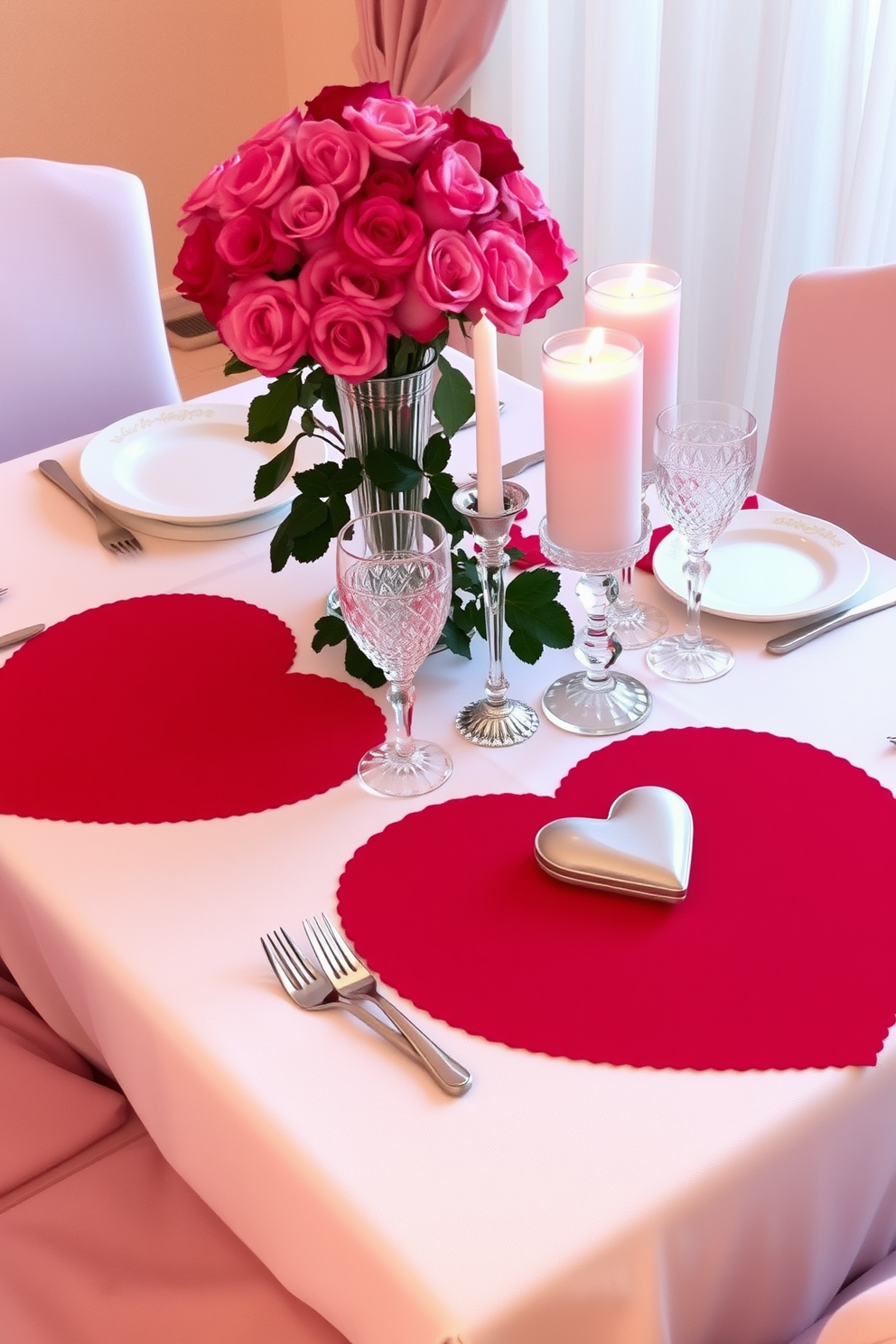 Create a romantic dining setting featuring heart-shaped placemats in vibrant red on a beautifully set table. The table is adorned with delicate white dinnerware, sparkling crystal glassware, and a centerpiece of fresh roses in varying shades of pink. Incorporate soft lighting with candles placed in elegant holders, casting a warm glow over the scene. Surround the table with plush chairs draped in soft, luxurious fabric to enhance the inviting atmosphere for a Valentine's Day celebration.