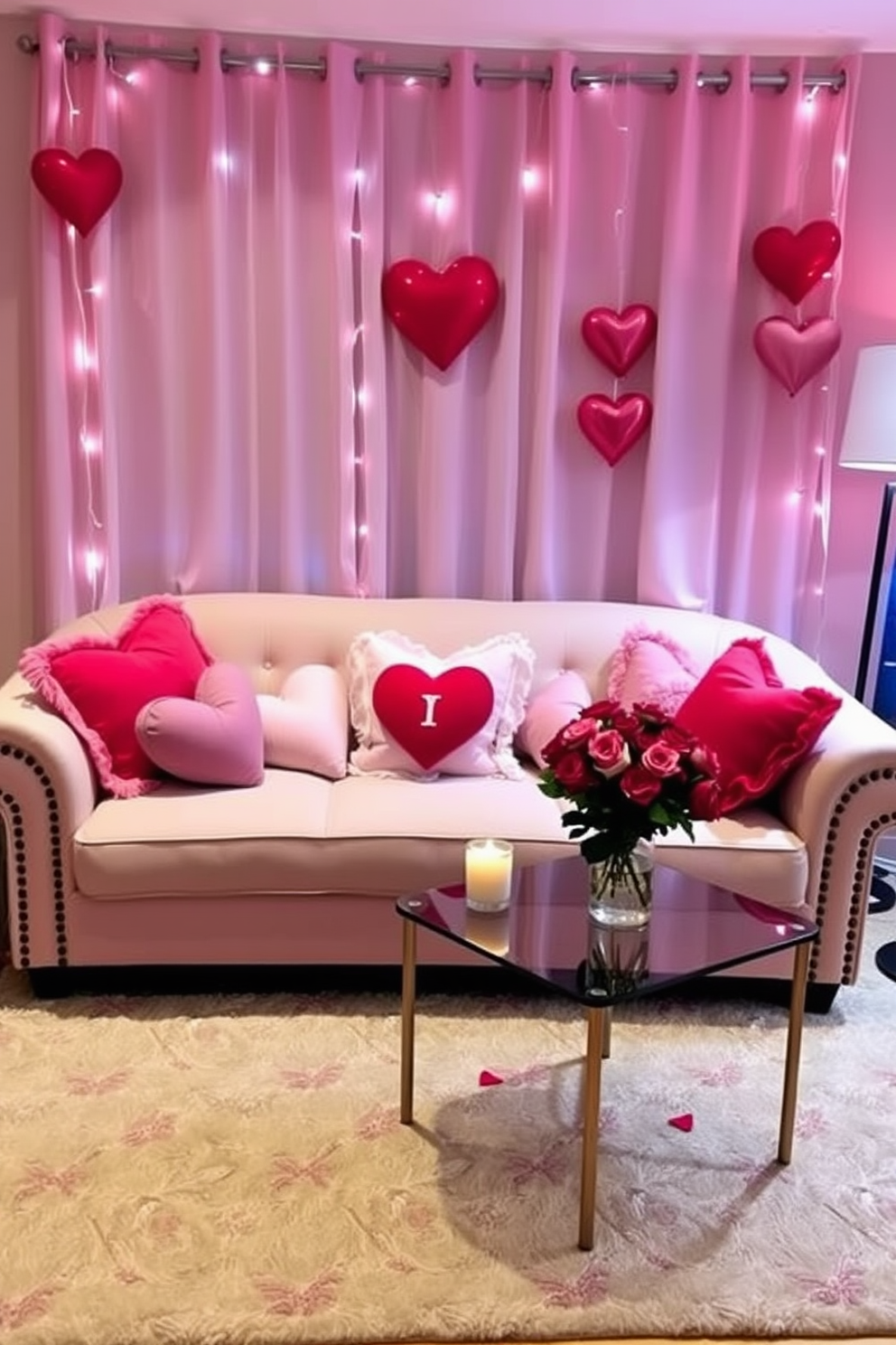 A cozy living room adorned for Valentine's Day features a plush sofa decorated with heart-shaped cushions in various shades of pink and red. Soft, ambient lighting creates a warm atmosphere, while a small coffee table is set with candles and a bouquet of fresh roses.