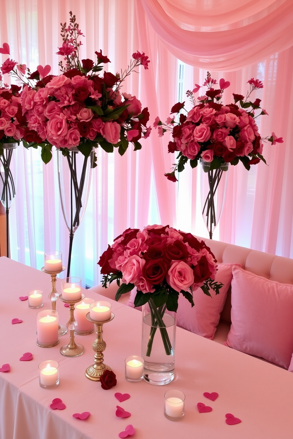 A romantic Valentine's Day setting featuring lush pink and red floral arrangements in elegant vases. The tablescape is adorned with soft candlelight, and delicate heart-shaped accents are scattered throughout. The walls are draped with sheer fabric in soft pastels, creating an intimate atmosphere. A cozy seating area is highlighted with plush cushions, inviting guests to relax and enjoy the festive decor.