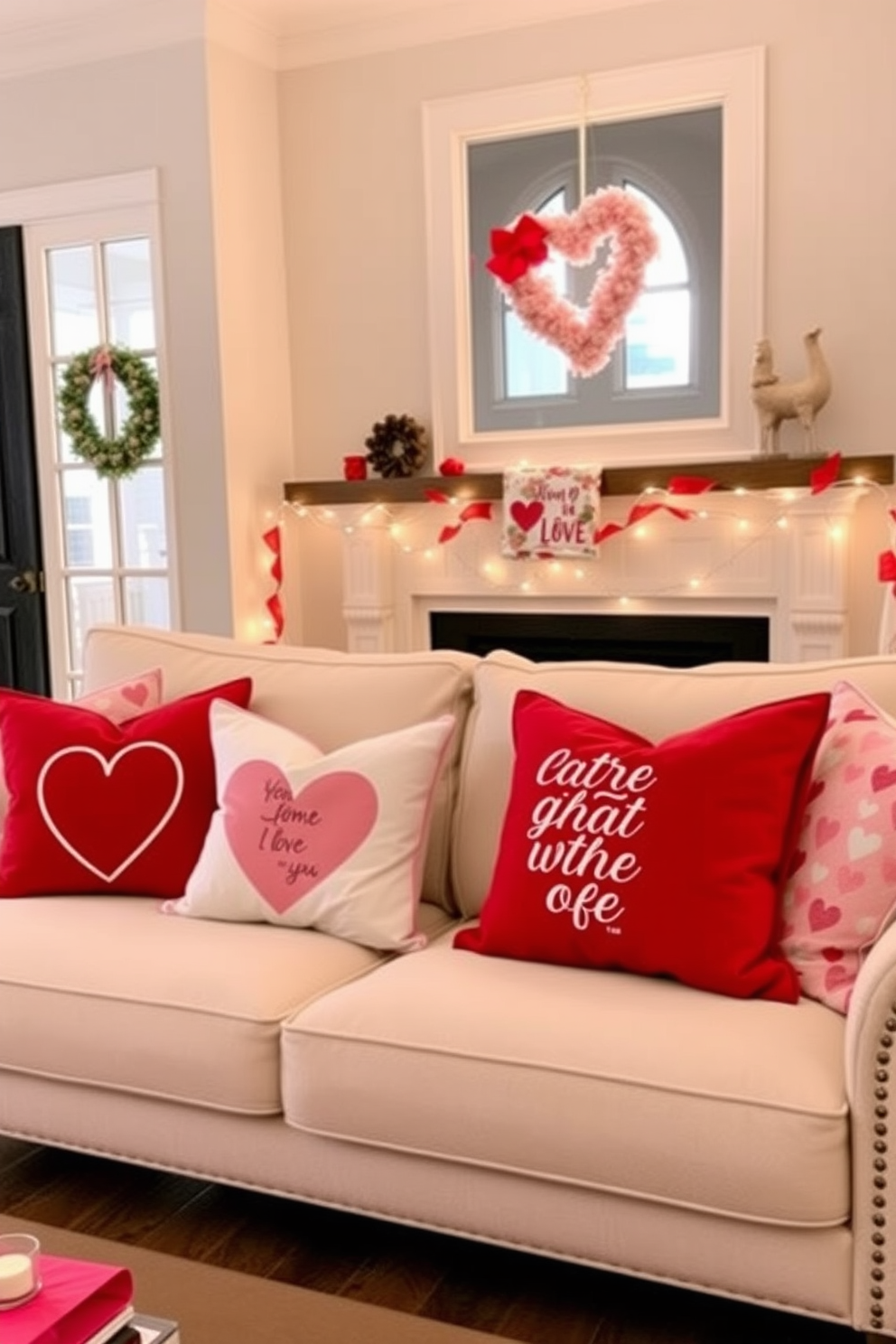 A cozy living room adorned with Valentine-themed throw pillows in shades of red, pink, and white. The pillows feature playful heart patterns and romantic quotes, arranged on a plush, neutral-colored sofa. Delicate fairy lights are draped across the mantel, casting a warm glow over the space. A heart-shaped wreath hangs on the door, welcoming guests with a festive touch of love.