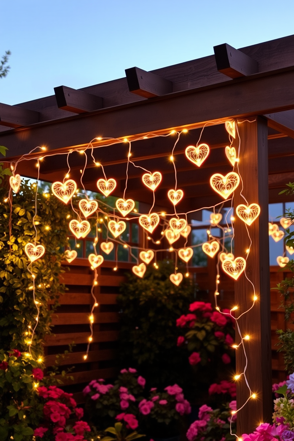 A romantic outdoor setting adorned with string lights shaped like hearts, casting a warm, inviting glow. The lights are draped elegantly across a wooden pergola, surrounded by lush greenery and vibrant flowers, creating a whimsical atmosphere perfect for Valentine's Day celebrations.