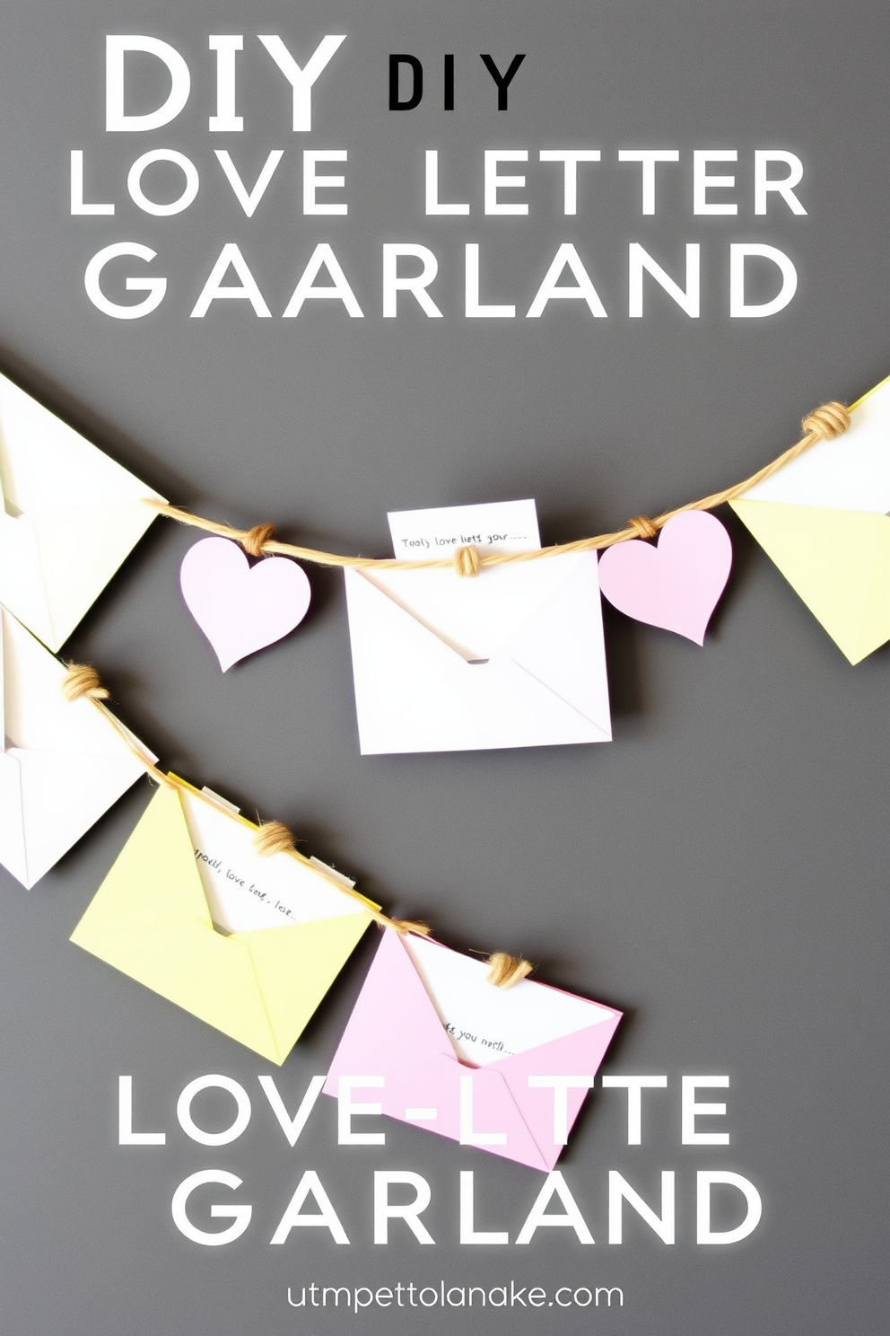 A charming DIY love letter garland for Valentine's Day. The garland features a series of handcrafted envelopes in pastel colors, each containing a small love note, strung together with twine and accented by heart-shaped cutouts.