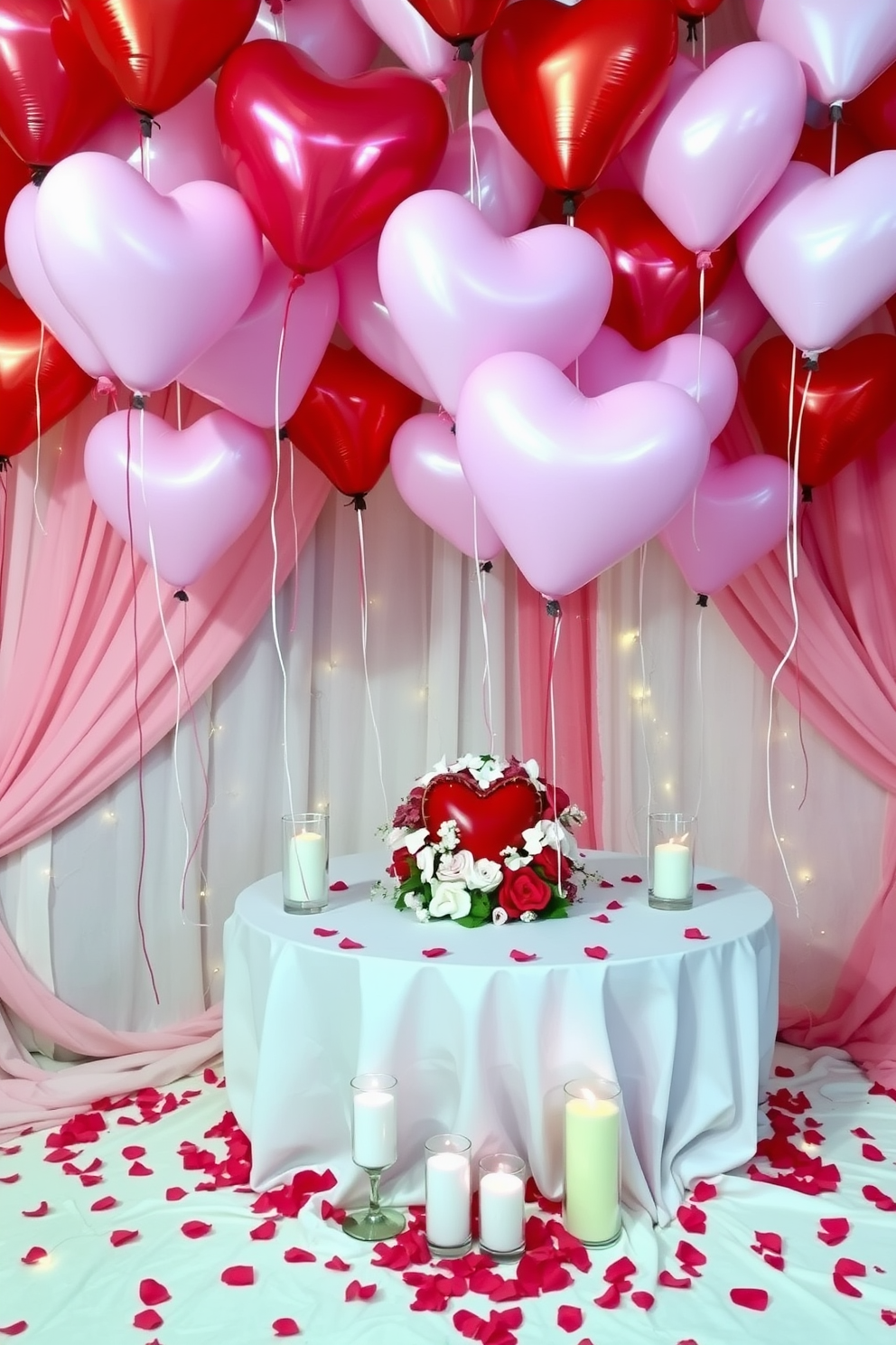 A whimsical Valentine's Day setting filled with heart-shaped balloons in various shades of red and pink. The balloons float gracefully above a beautifully set table adorned with romantic candles and rose petals. The walls are draped with soft fabric in pastel colors, creating a cozy and inviting atmosphere. A heart-themed centerpiece sits at the table's center, surrounded by delicate flower arrangements and twinkling fairy lights.