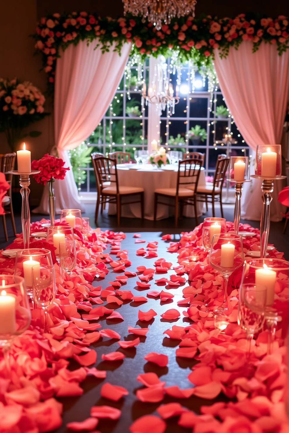 A romantic setting featuring rose petal pathways leading to a beautifully set dining area. The soft petals create a delicate trail, enhancing the ambiance with shades of pink and red. The dining area is adorned with elegant table settings, including fine china and crystal glassware. Soft candlelight flickers, casting a warm glow over the scene, complemented by fresh floral arrangements.