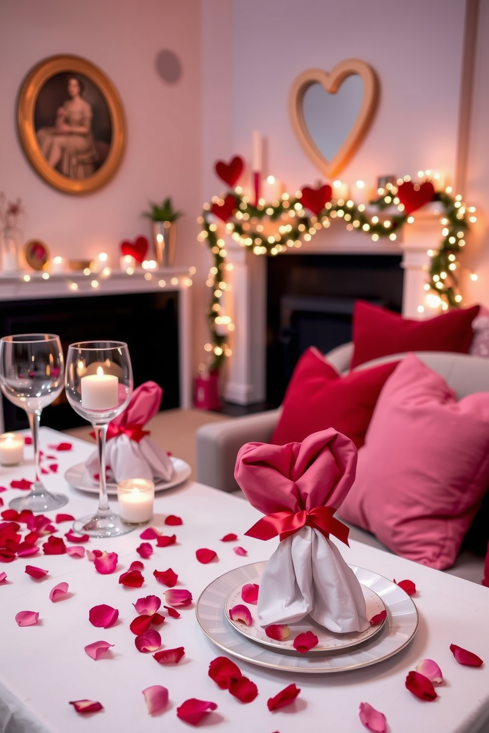 A romantic Valentine's Day table setting features a crisp white tablecloth adorned with scattered rose petals in shades of red and pink. Elegant stemware glistens beside delicate china plates, each set with a heart-shaped napkin folded artfully and secured with a satin ribbon. For a cozy Valentine's Day decorating idea, the living room is transformed with soft, ambient lighting from string lights and candles. Plush throw pillows in shades of blush and deep red are arranged on a loveseat, while a heart-themed garland drapes gracefully across the mantelpiece.