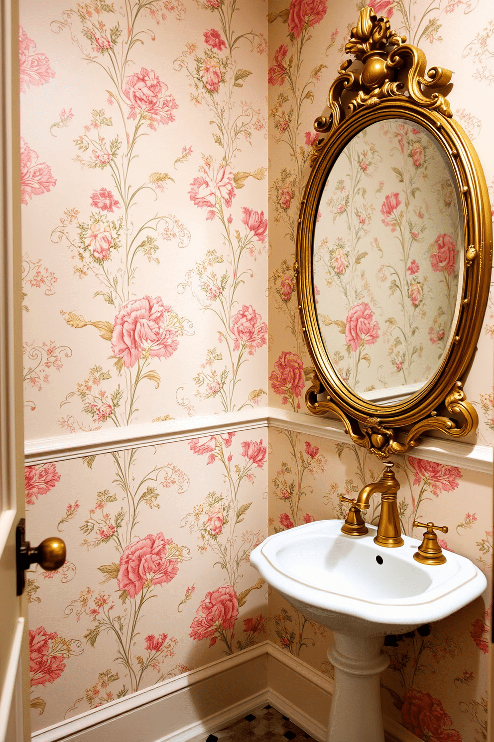 A Victorian powder room adorned with vintage floral wallpaper featuring delicate patterns and gold accents. The space includes an ornate pedestal sink with a polished brass faucet and an antique-style mirror framed in gold, enhancing the room's elegance.