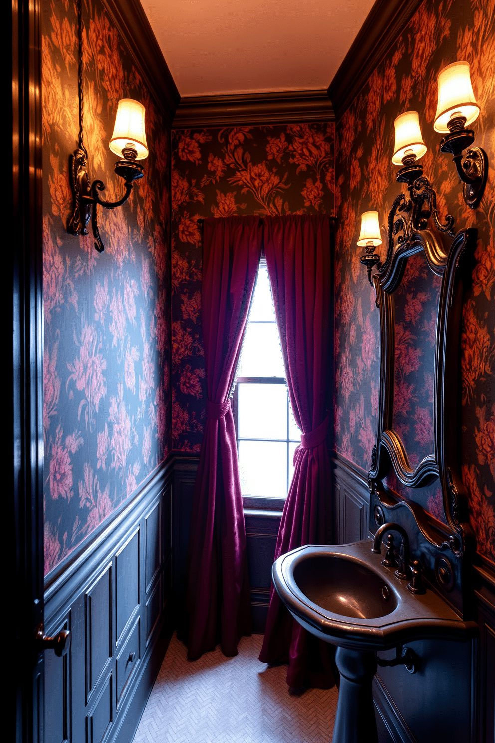 A luxurious Victorian powder room features ornate sconces mounted on the walls, casting a warm glow that enhances the rich, deep colors of the decor. The sconces are embellished with intricate details, complementing the elegant wallpaper adorned with floral patterns. The room is furnished with a vintage pedestal sink and an antique mirror framed in dark wood, reflecting the opulence of the Victorian era. Plush, velvet drapes frame the window, adding a touch of softness to the overall design while providing privacy.