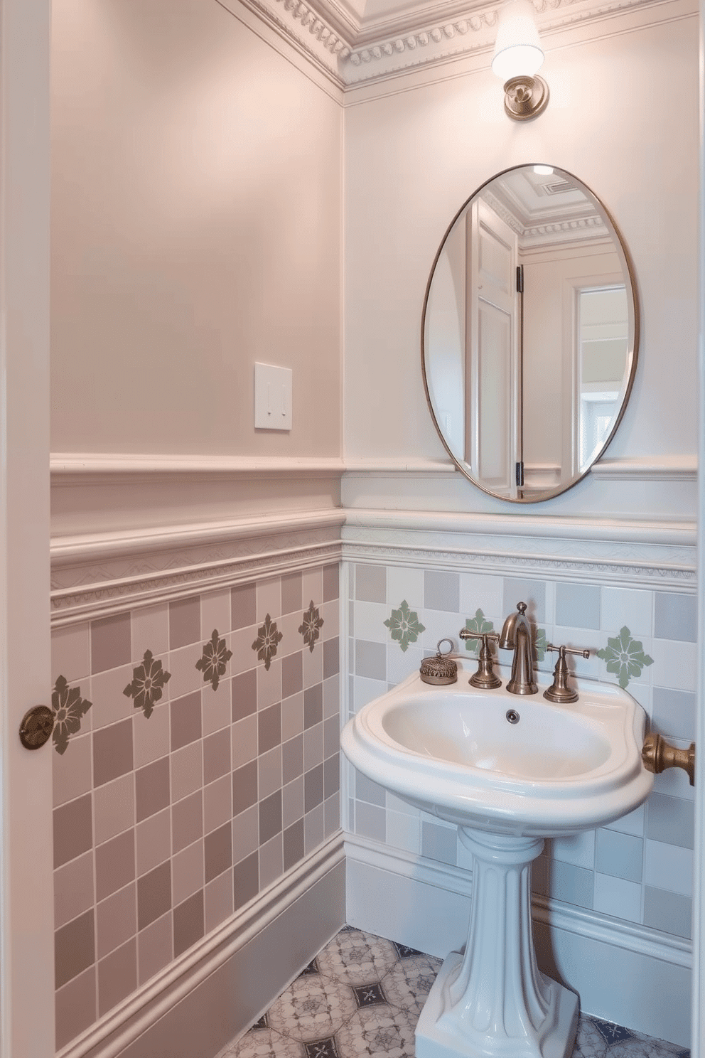 A Victorian powder room featuring decorative tiles in muted pastel shades. The walls are adorned with intricate molding, and an elegant pedestal sink complements the vintage charm of the space.