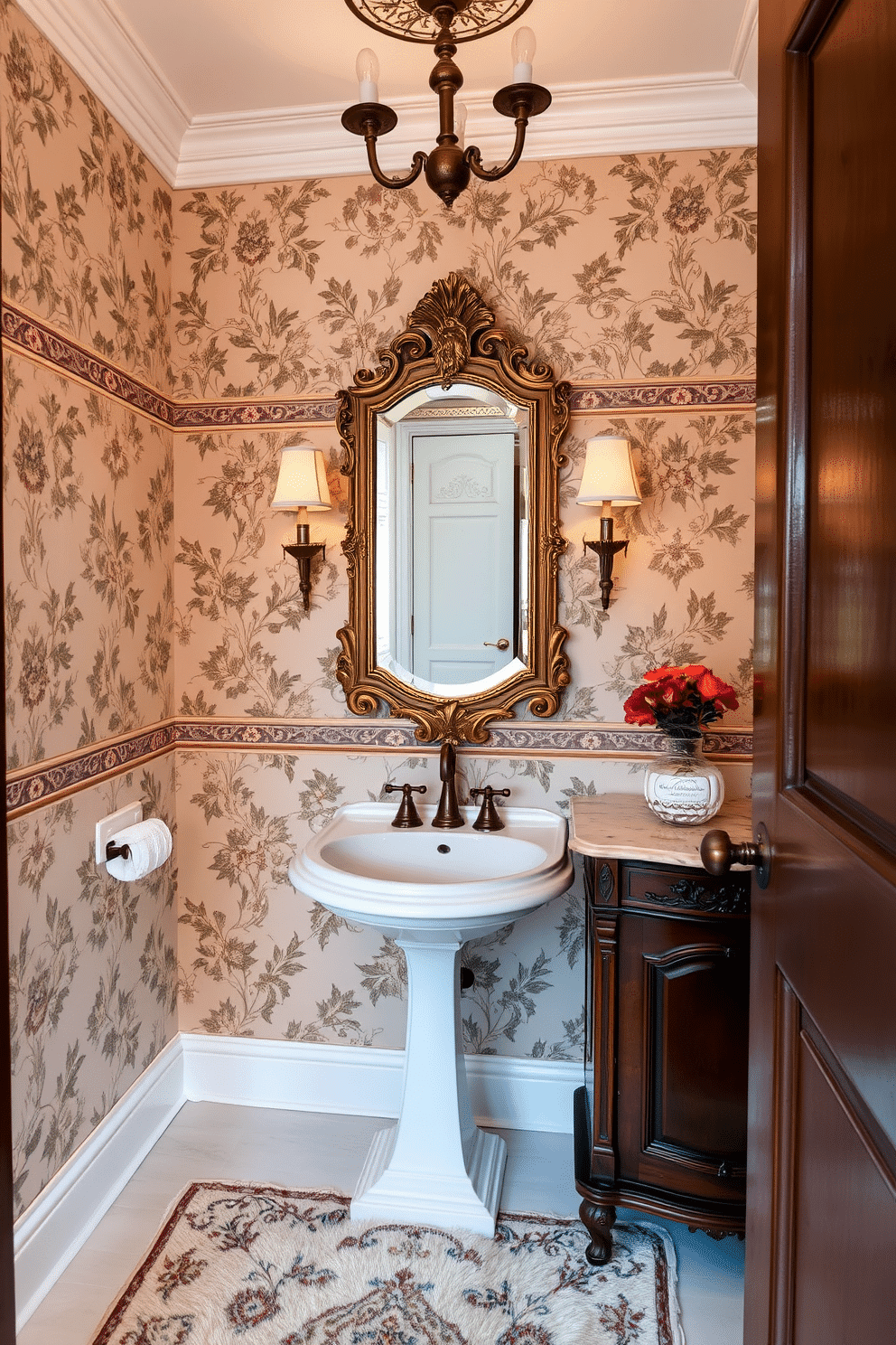 A charming Victorian powder room featuring vintage-inspired wallpaper borders that evoke a sense of elegance. The walls are adorned with intricate floral patterns, complemented by a classic pedestal sink and an ornate mirror framed in antique gold. The space includes a rich, dark wood vanity with decorative detailing, topped with a polished marble surface. Soft lighting fixtures cast a warm glow, enhancing the vintage aesthetic while a plush, patterned rug adds comfort underfoot.