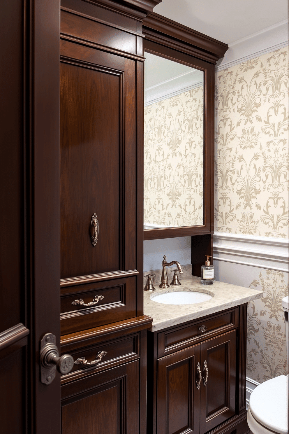 Classic wooden cabinetry with ornate handles creates a timeless elegance in a Victorian powder room. The rich, dark wood contrasts beautifully with the soft pastel walls and intricate wallpaper, enhancing the luxurious atmosphere.