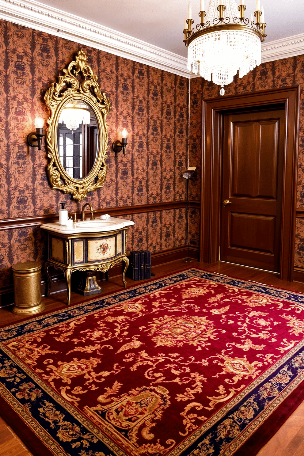 A luxurious rug with intricate patterns sprawls across the polished hardwood floor, showcasing rich hues of deep red, gold, and navy that complement the opulent decor. The rug's detailed motifs create a stunning focal point, adding warmth and texture to the elegant space. In the Victorian powder room, ornate wallpaper adorned with floral designs wraps around the walls, while a vintage pedestal sink with intricate detailing stands against it. A gilded mirror above the sink reflects the soft glow of a crystal chandelier, enhancing the room's lavish atmosphere.