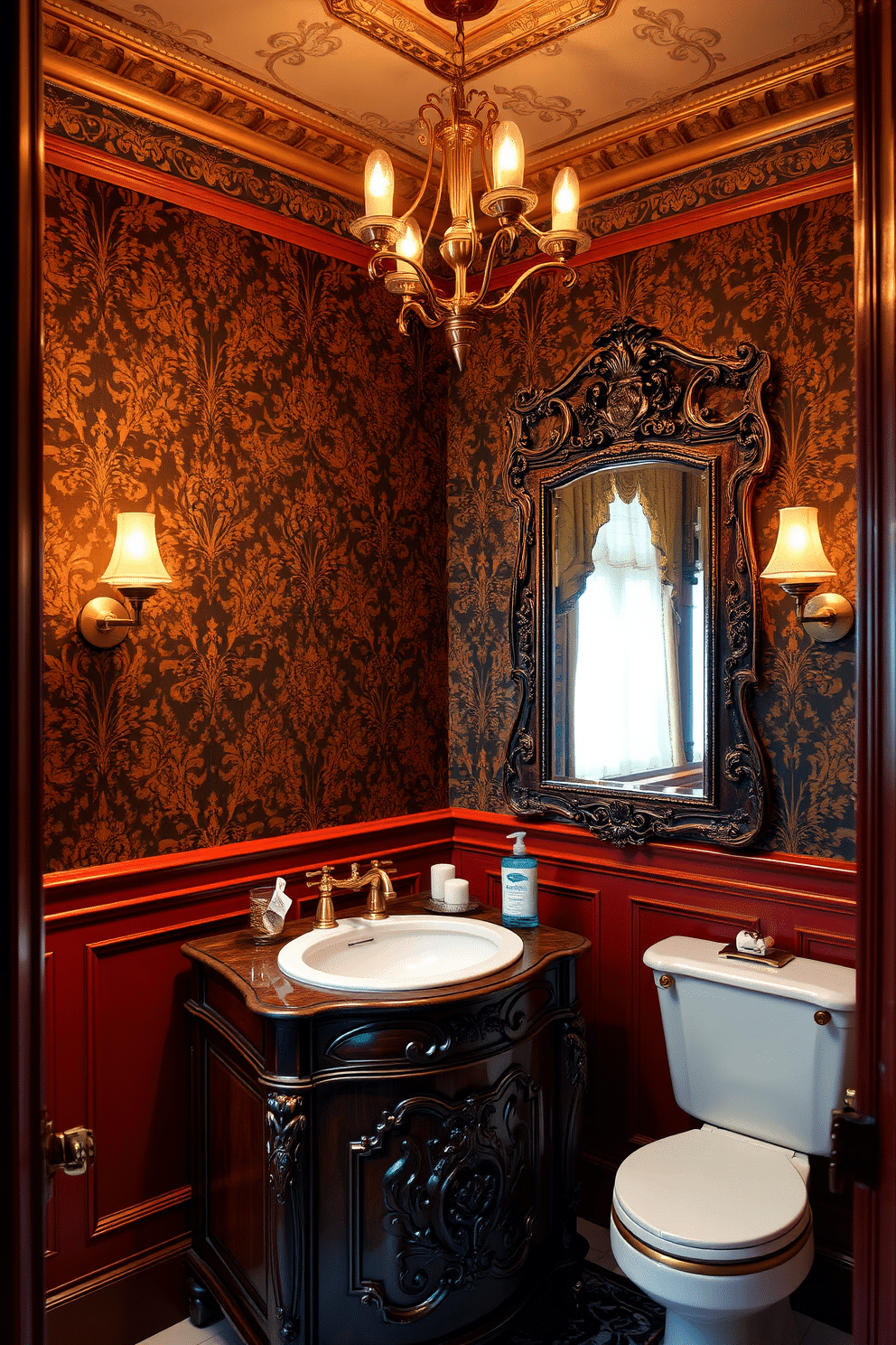 A luxurious Victorian powder room features intricate crown molding that adds a touch of elegance to the space. The walls are adorned with rich, deep colors and ornate wallpaper, complemented by a vintage chandelier that casts a warm glow. The centerpiece is a beautifully carved wooden vanity with an antique finish, topped with a classic porcelain sink. Elegant fixtures in polished brass enhance the vintage charm, while a large, ornate mirror reflects the room's opulence.