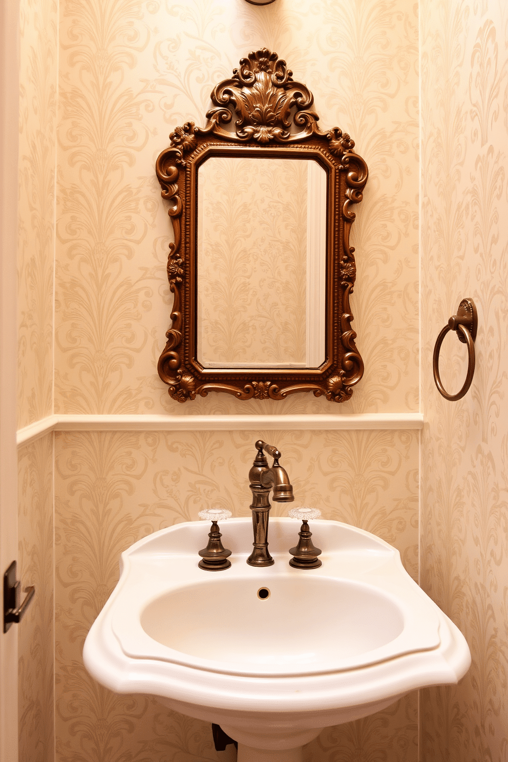 A Victorian powder room featuring a vintage-inspired faucet with elegant porcelain handles. The space is adorned with intricate wallpaper in soft pastels, complemented by a classic pedestal sink and an ornate mirror above it.