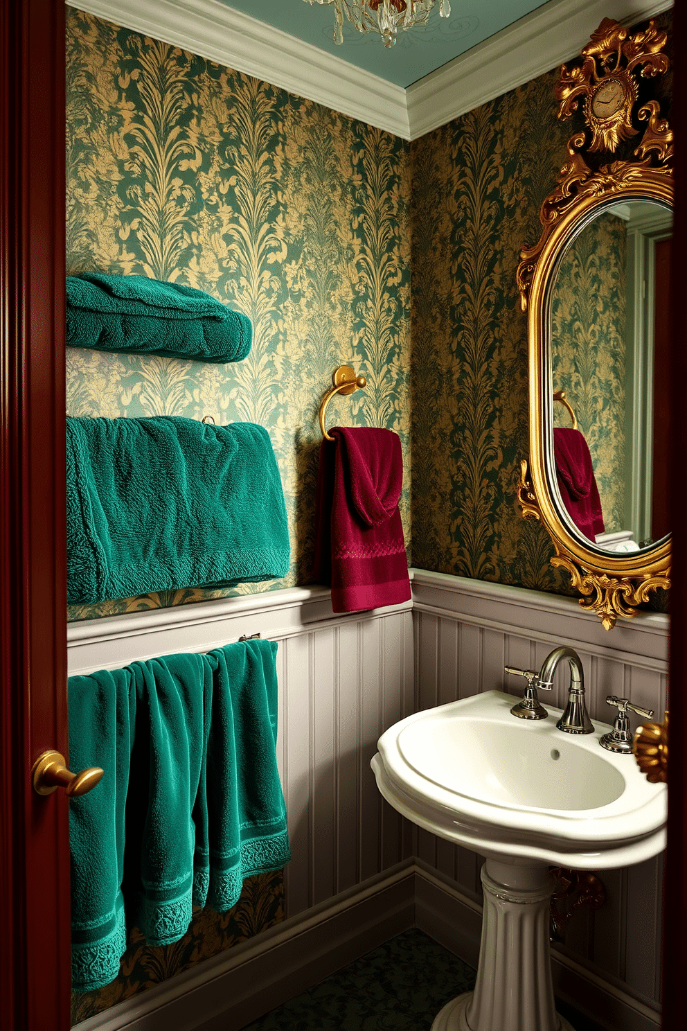 A luxurious Victorian powder room featuring soft, plush towels in rich jewel tones like emerald green and deep burgundy. The space is adorned with ornate wallpaper and a vintage pedestal sink, complemented by a gilded mirror that reflects the opulent ambiance.