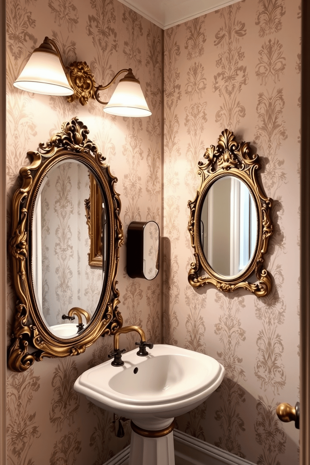 A Victorian powder room featuring decorative mirrors with ornate frames that add a touch of elegance to the space. The walls are adorned with intricate wallpaper, while a vintage pedestal sink sits beneath the mirrors, complemented by antique brass fixtures.