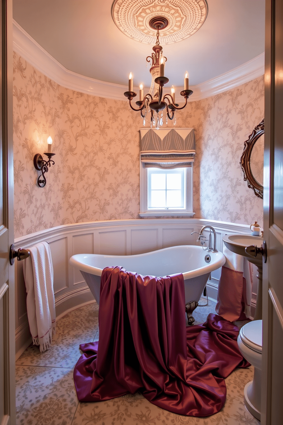 A luxurious Victorian powder room featuring a stunning clawfoot tub, elegantly draped with rich, flowing fabric that adds a touch of opulence. The walls are adorned with intricate wallpaper in soft pastels, complemented by a vintage chandelier that casts a warm glow over the space.