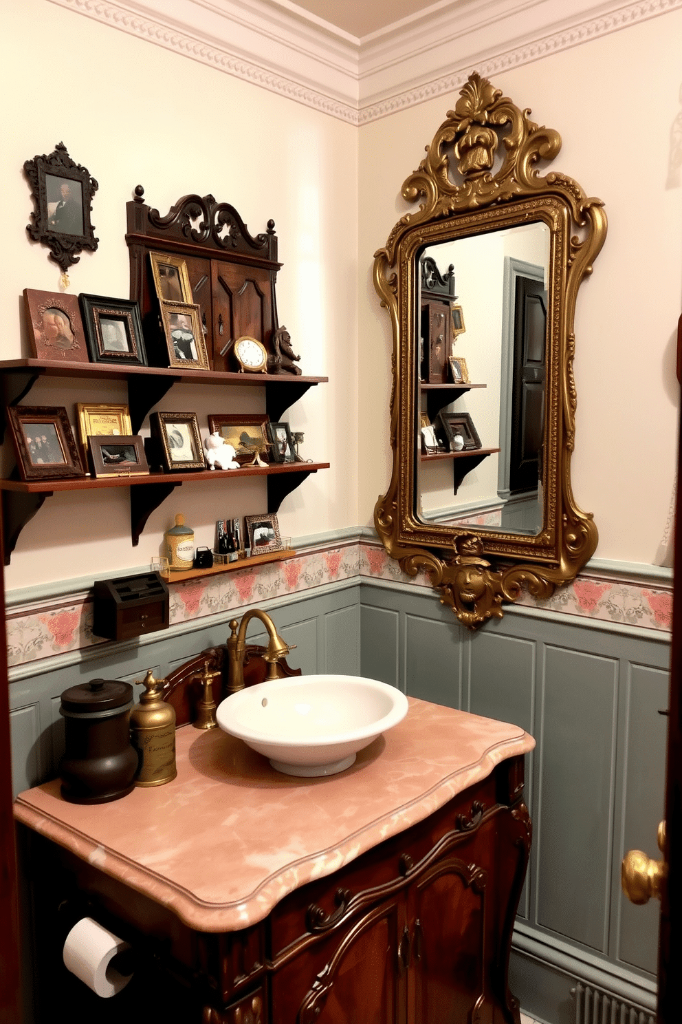 A charming Victorian powder room adorned with vintage accessories and knick-knacks. The walls are painted in a soft pastel hue, complemented by intricate wainscoting and a vintage wallpaper border. A delicate porcelain sink rests atop an ornate wooden vanity, featuring brass fixtures and a polished marble countertop. Shelves lined with charming knick-knacks and antique frames add character, while a large, gilded mirror reflects the room's elegance.