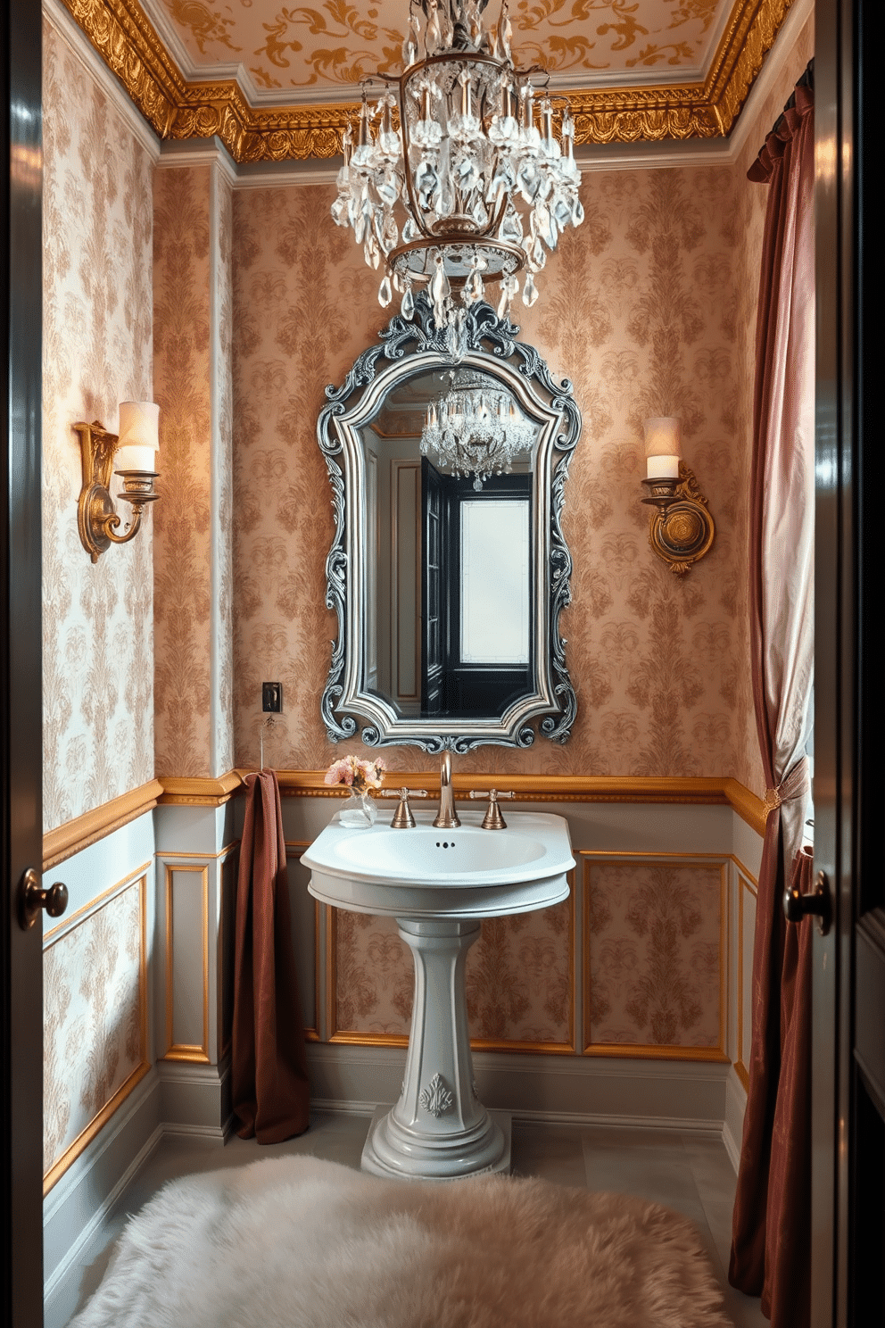 A luxurious Victorian powder room featuring elegant gold leaf accents. The walls are adorned with intricate wallpaper that complements the gilded details, while a vintage pedestal sink stands as the focal point, topped with an ornate mirror framed in silver. Soft lighting casts a warm glow, highlighting the rich textures of velvet drapes and a plush area rug. Decorative elements like a crystal chandelier and antique sconces enhance the opulent atmosphere, creating a stunning space for guests.