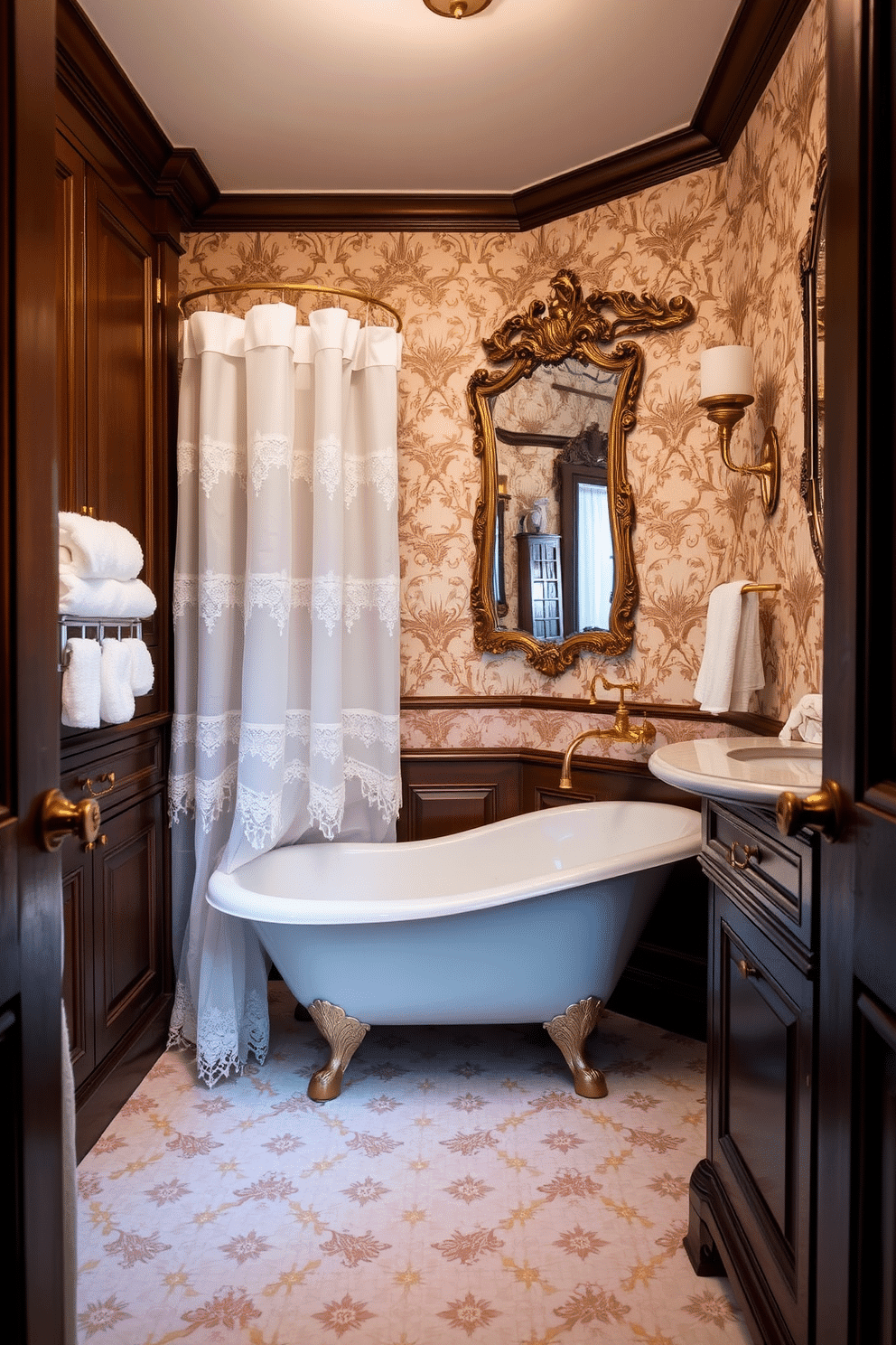 A stylish clawfoot bathtub is the centerpiece of this Victorian powder room, elegantly positioned against a backdrop of intricate wallpaper featuring floral patterns. The tub is complemented by a vintage-style shower curtain adorned with lace trim, adding a touch of sophistication to the space. Rich, dark wood cabinetry surrounds the room, providing ample storage while enhancing the classic aesthetic. Gold fixtures and a large, ornate mirror above the sink reflect the opulence of the Victorian era, creating a harmonious blend of luxury and comfort.