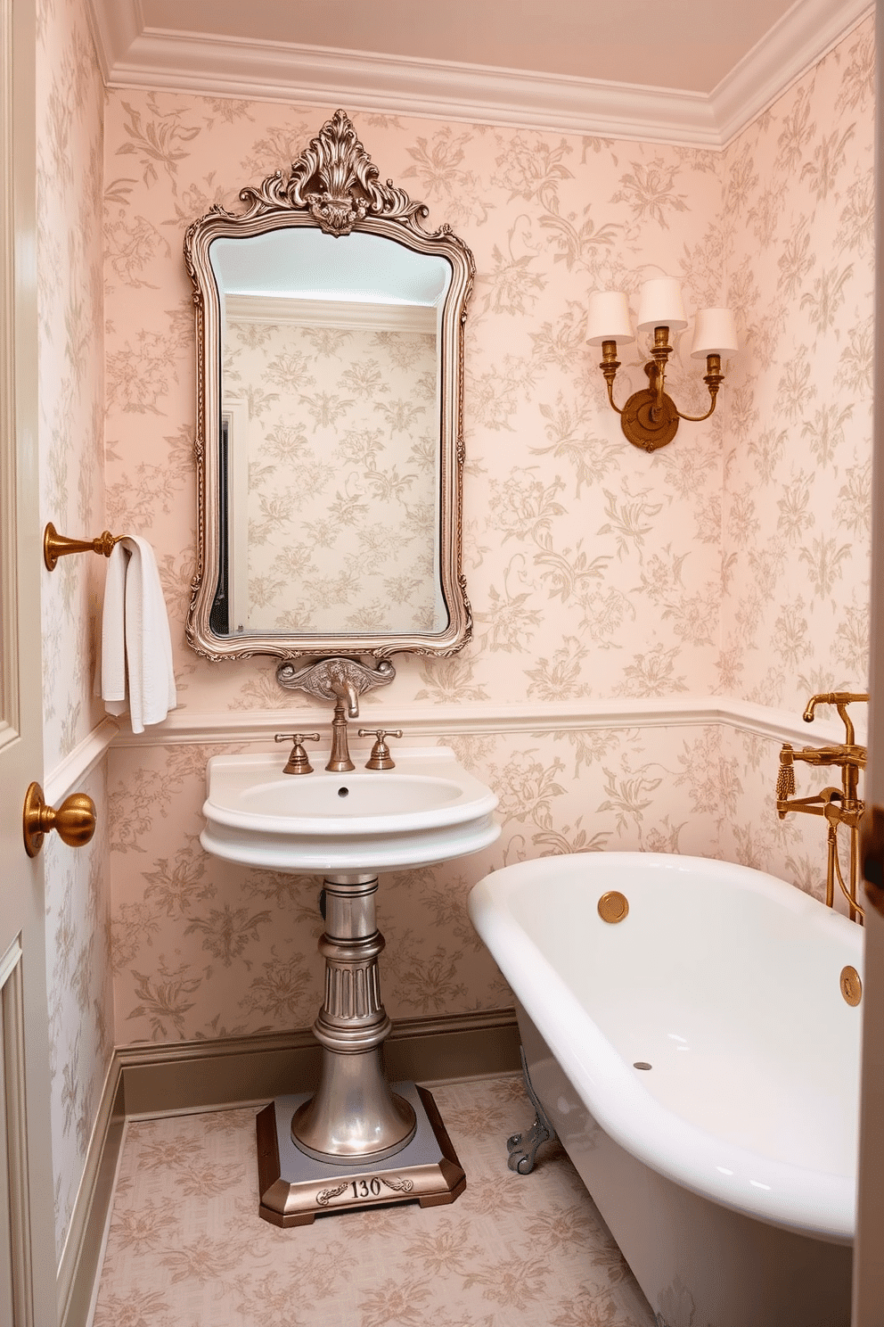 A charming Victorian powder room adorned with intricate floral motif wallpaper in soft pastel colors. The room features a vintage pedestal sink with elegant chrome fixtures, complemented by a classic clawfoot bathtub positioned against the wall. Antique brass accents, including a towel rack and light fixtures, enhance the room's timeless appeal. A large, ornate mirror above the sink reflects the delicate patterns of the wallpaper, creating a cohesive and inviting atmosphere.