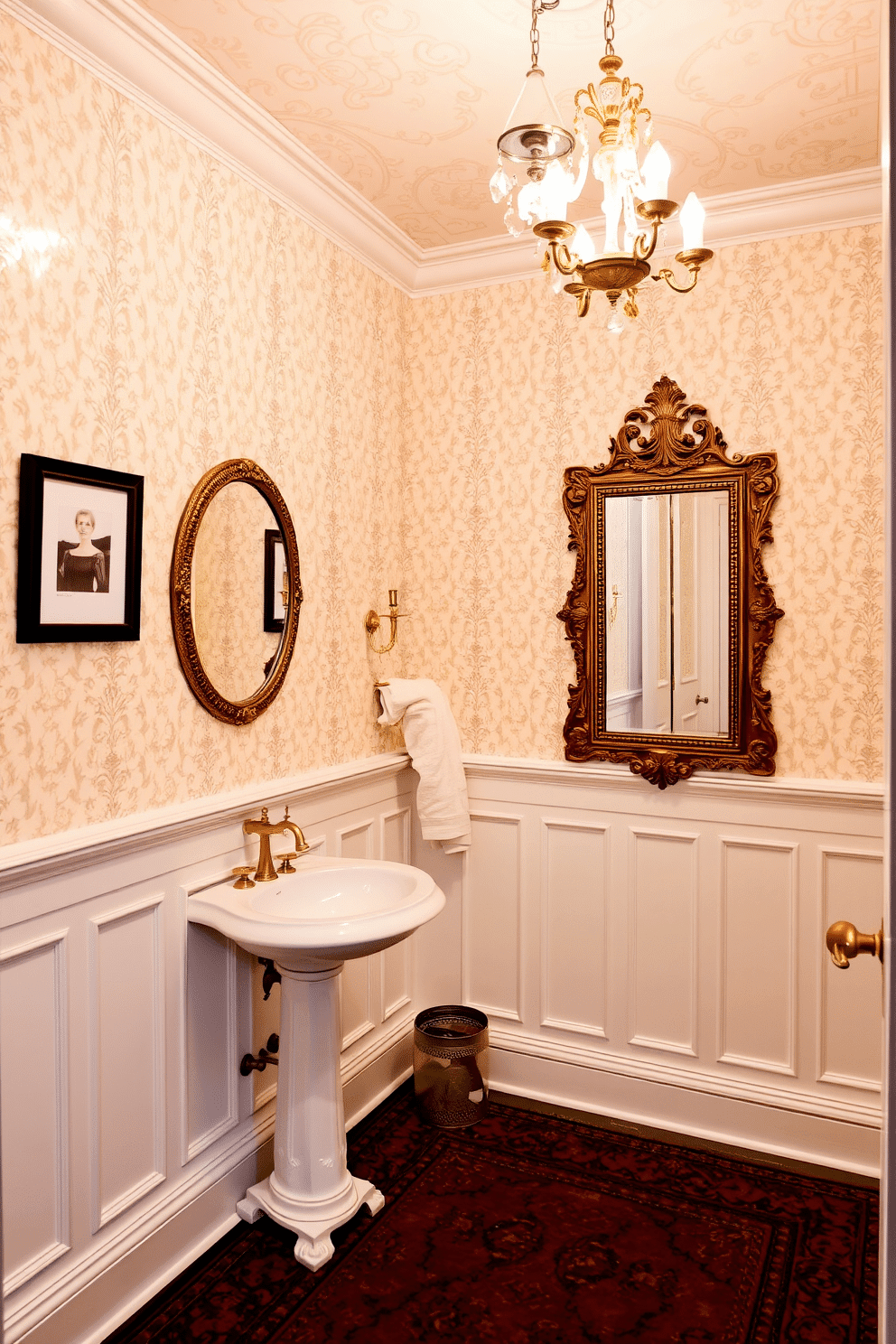 A Victorian powder room featuring classic white wainscoting that adds a touch of sophistication. The walls are adorned with intricate wallpaper in a soft pastel hue, complemented by a vintage chandelier hanging from the ceiling. A pedestal sink with ornate detailing sits against the wall, accented by a polished brass faucet. A full-length mirror with an antique frame reflects the elegant decor, while a plush area rug in rich colors adds warmth to the space.