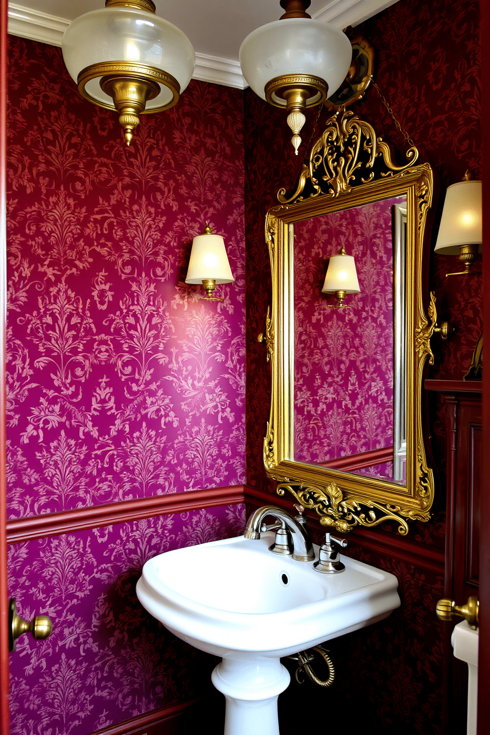 A charming Victorian powder room features intricate wallpaper in deep burgundy with gold accents, creating an elegant backdrop. Unique vintage light fixtures hang from the ceiling, each showcasing ornate designs that add character and warmth to the space. The room includes a classic pedestal sink with a polished chrome faucet and a vintage-style mirror framed in antique gold. Rich wooden accents, such as a small cabinet and decorative moldings, enhance the overall opulence of the design.