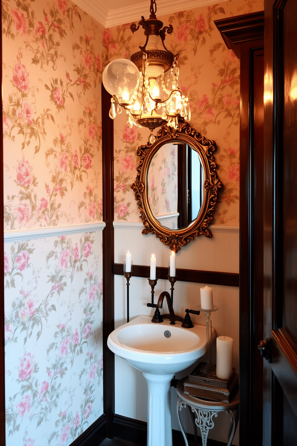 A charming Victorian powder room featuring ornate wallpaper with floral patterns in soft pastels. The space is illuminated by a vintage chandelier, casting a warm glow over a pedestal sink adorned with a decorative mirror framed in intricate gold detailing. Scented candles in decorative holders are strategically placed on a small, elegant side table beside the sink. The rich, dark wood of the cabinetry contrasts beautifully with the light-colored walls, creating a cozy and inviting atmosphere.