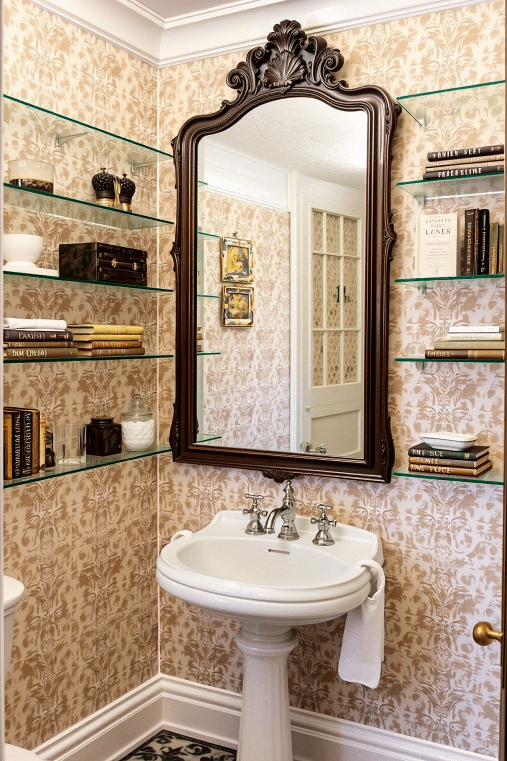 Elegant glass shelving for display items. The shelves are mounted on a sleek wall, showcasing an array of curated decorative objects and books. Victorian Powder Room Design Ideas. The space features intricate wallpaper, a pedestal sink with vintage faucets, and an ornate mirror framed in dark wood.