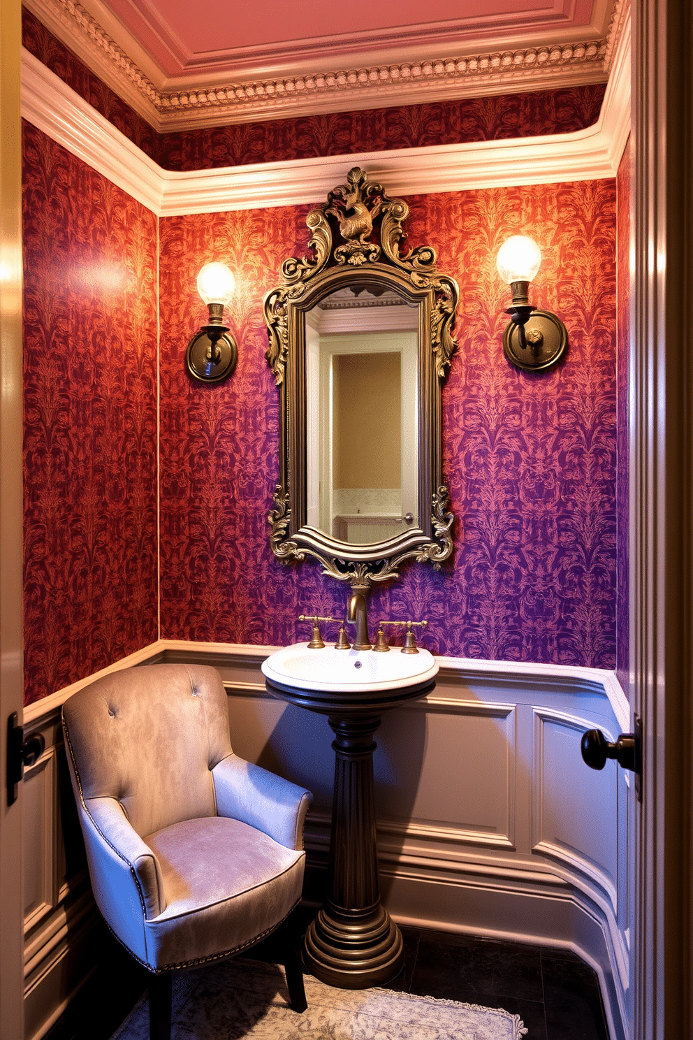 A Victorian powder room designed for relaxation features soft, ambient lighting that casts a warm glow throughout the space. Elegant sconces with vintage-style bulbs frame a beautifully ornate mirror above a pedestal sink, enhancing the room's classic charm. The walls are adorned with rich, patterned wallpaper in deep hues, complemented by intricate crown molding. A plush, velvet armchair sits in one corner, inviting guests to unwind in this luxurious setting.