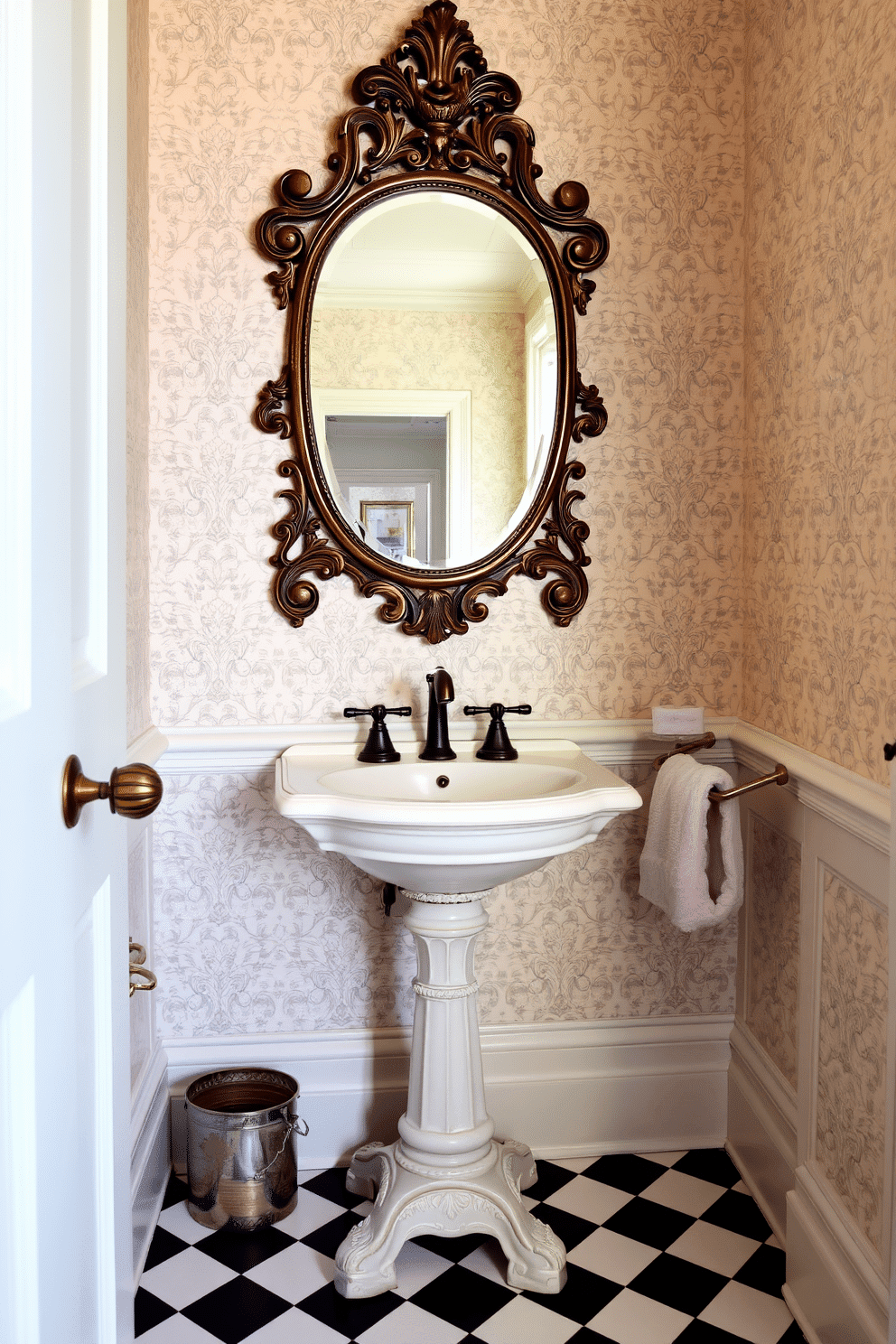 A charming Victorian powder room features an antique pedestal sink paired with an ornate, vintage mirror above it. The walls are adorned with intricate wallpaper in soft pastels, while the floor showcases a classic black and white checkered tile pattern.