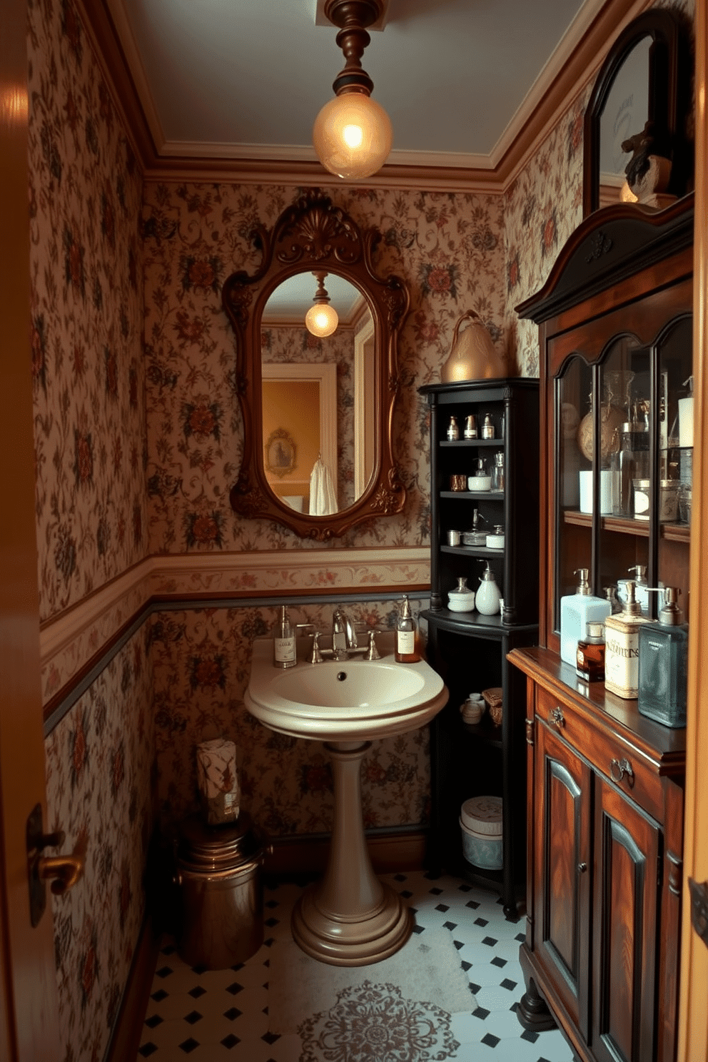 A charming Victorian powder room filled with vintage soap dishes and dispensers. The walls are adorned with intricate wallpaper featuring floral patterns, and a classic pedestal sink is complemented by an elegant, ornate mirror above it. To the side, a wooden cabinet with antique finishes holds an array of vintage soap dispensers, each with unique designs. Soft, ambient lighting casts a warm glow, enhancing the rich colors of the room and inviting a sense of nostalgia.