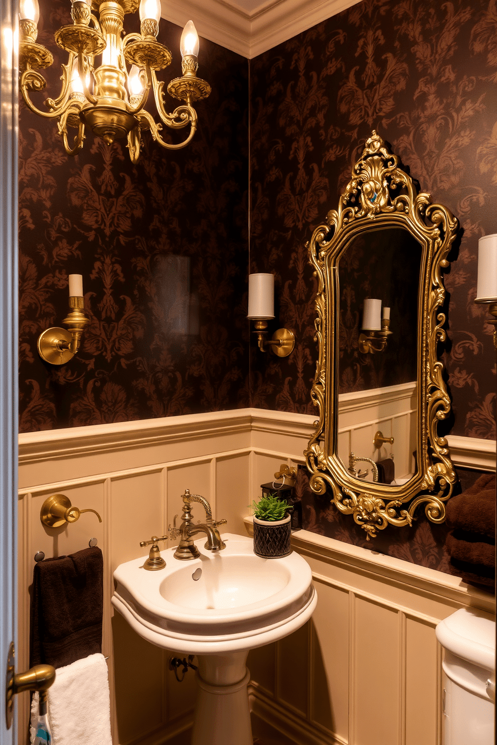 A luxurious Victorian powder room featuring ornate brass fixtures with intricate detailing that catch the light beautifully. The walls are adorned with rich, dark wallpaper, and a vintage chandelier hangs from the ceiling, casting a warm glow over the space. A classic pedestal sink with a decorative faucet complements the brass accents, while an antique mirror with an ornate frame reflects the elegance of the room. Plush, deep-colored towels are neatly arranged, and a small potted plant adds a touch of greenery to enhance the inviting atmosphere.