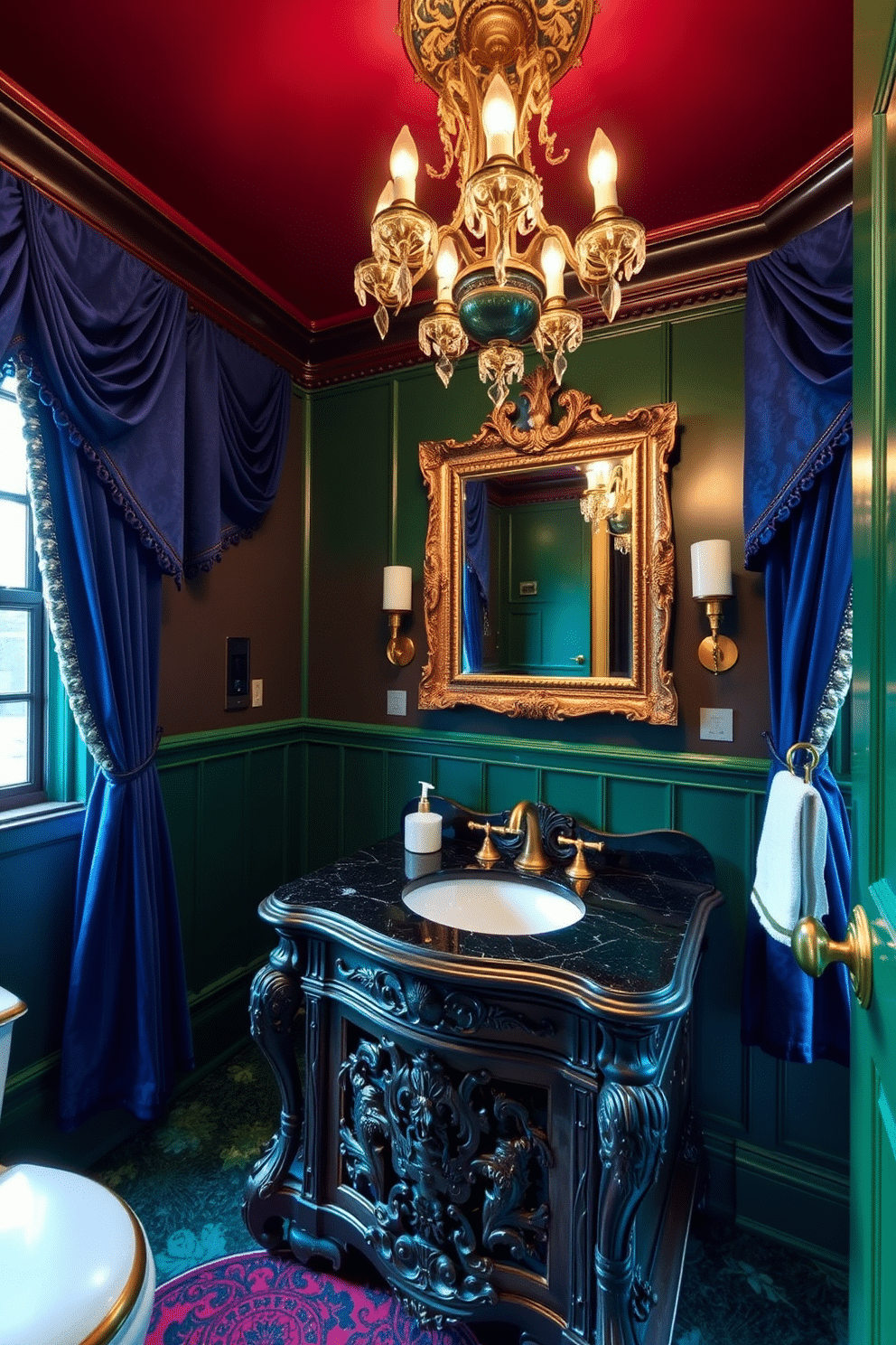 A luxurious Victorian powder room adorned with a rich jewel-toned color palette, featuring deep emerald green walls and a lavish burgundy ceiling. The space includes an ornate wooden vanity with intricate carvings, topped with a polished black marble countertop and a vintage-style sink. Elegant gold fixtures complement the opulent design, while a large, framed mirror with an antique finish hangs above the vanity. Plush velvet drapes in a royal blue hue frame the windows, and a decorative chandelier casts a warm glow over the room, enhancing its grandeur.