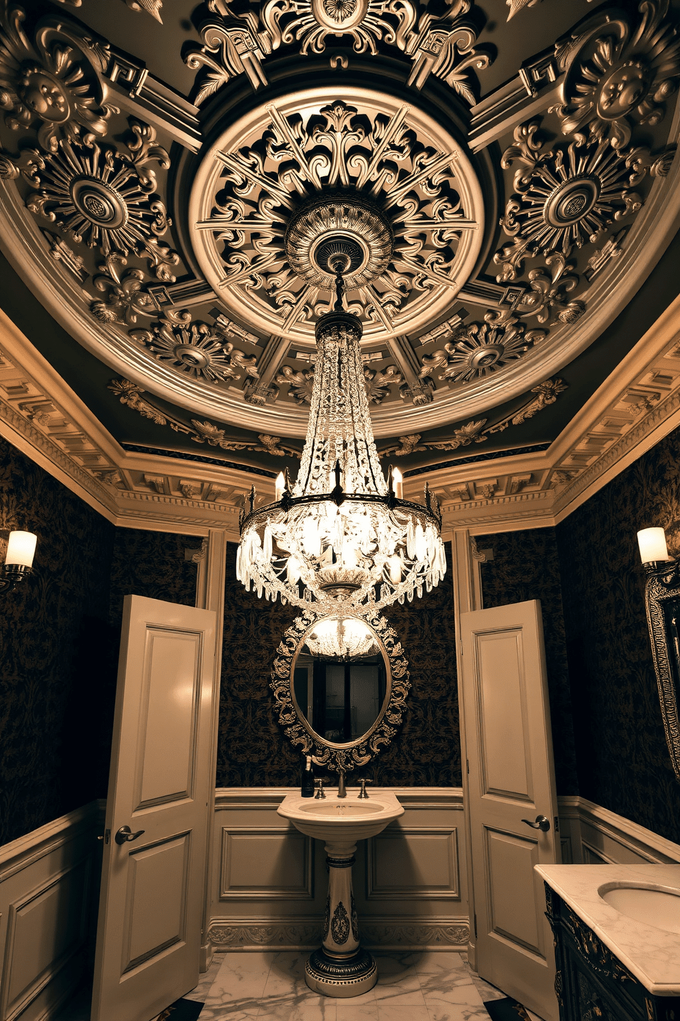 A luxurious Victorian powder room featuring ornate ceiling medallions that intricately frame a stunning crystal chandelier. The walls are adorned with rich, dark wallpaper, and the floor is laid with elegant marble tiles, enhancing the opulent atmosphere.