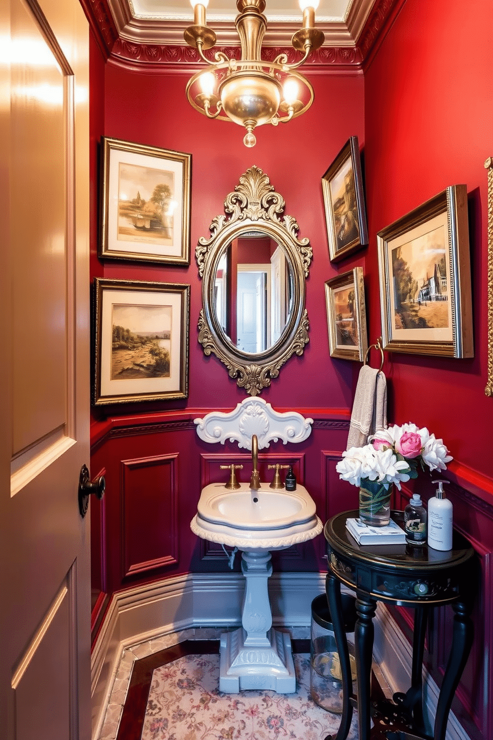 A Victorian powder room adorned with framed vintage artwork and elegant decor pieces. The walls are painted in a rich burgundy hue, complemented by intricate wainscoting and a vintage chandelier that casts a warm glow. An ornate pedestal sink sits in the center, surrounded by decorative accents such as an antique mirror and a collection of framed prints featuring classic landscapes. Plush, patterned wallpaper adds texture, while a small antique side table displays a vase of fresh flowers and vintage toiletries.