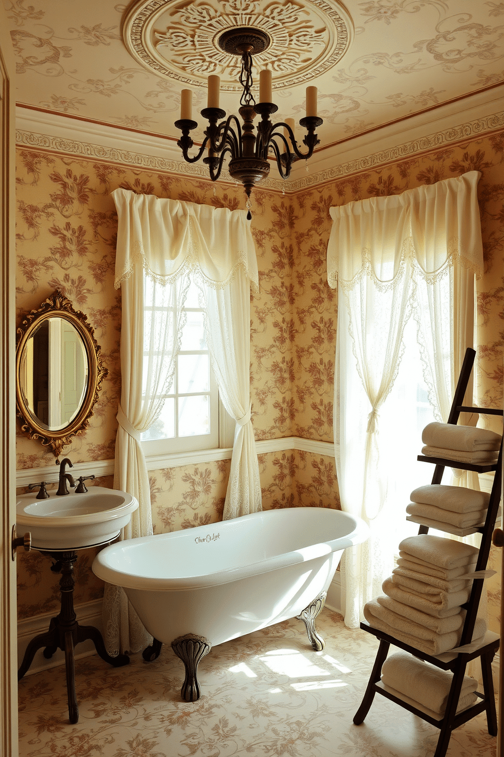 A Victorian powder room features intricate wallpaper adorned with floral patterns, complemented by a vintage chandelier hanging from a ceiling medallion. The space is enhanced by lace curtains that softly filter natural light, creating a warm and romantic ambiance. The focal point of the room is a clawfoot bathtub, elegantly positioned beside a small antique side table. A pedestal sink with ornate fixtures and a gilded mirror above it add to the luxurious feel, while plush towels are neatly arranged on a decorative ladder.