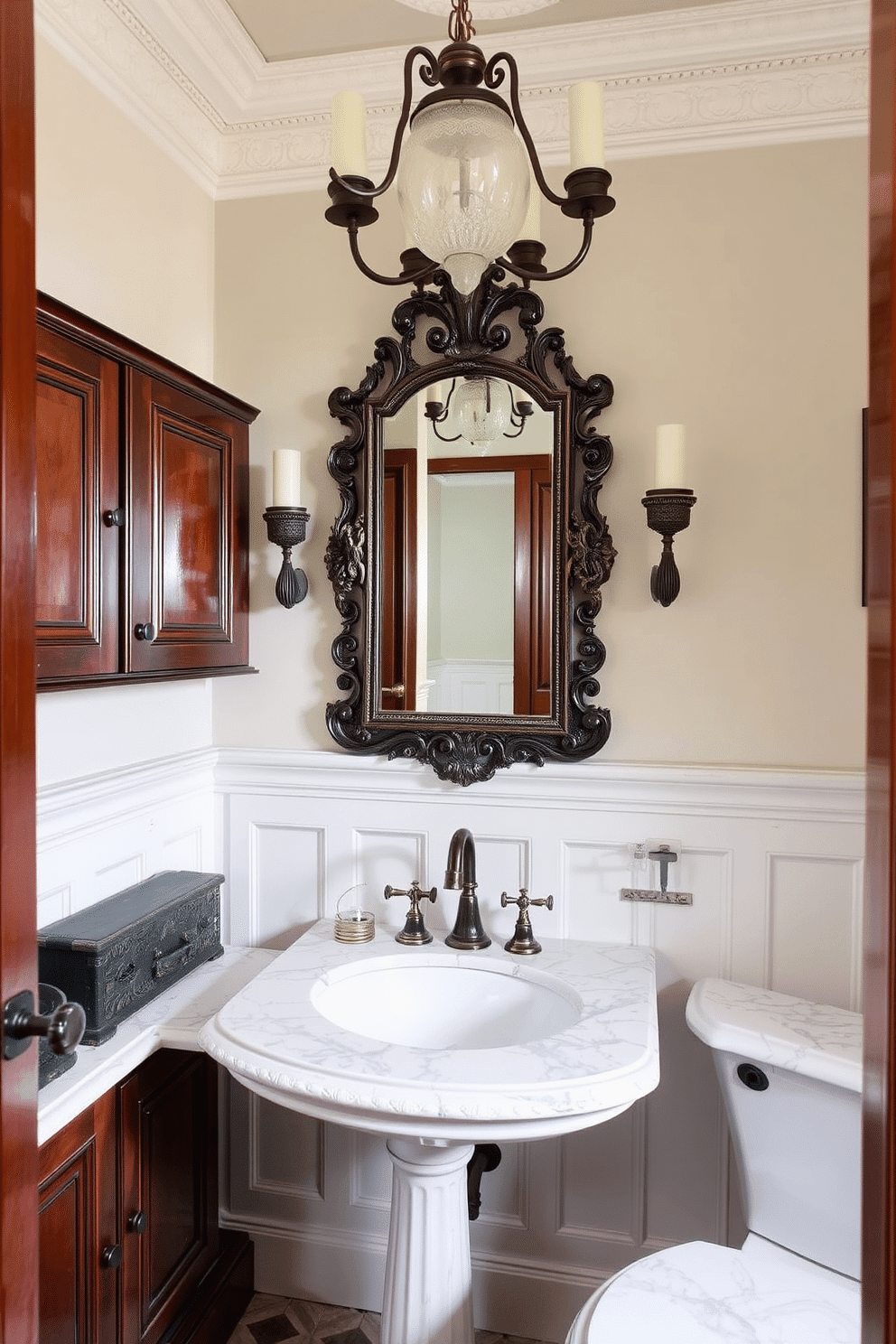 A Victorian powder room featuring elegant marble countertops with classic finishes. The space is adorned with intricate moldings, a vintage chandelier, and rich, dark wood cabinetry that complements the luxurious marble. The walls are painted in a soft pastel hue, enhancing the room's opulence. A beautifully framed antique mirror hangs above the sink, reflecting the stylish decor and adding depth to the space.