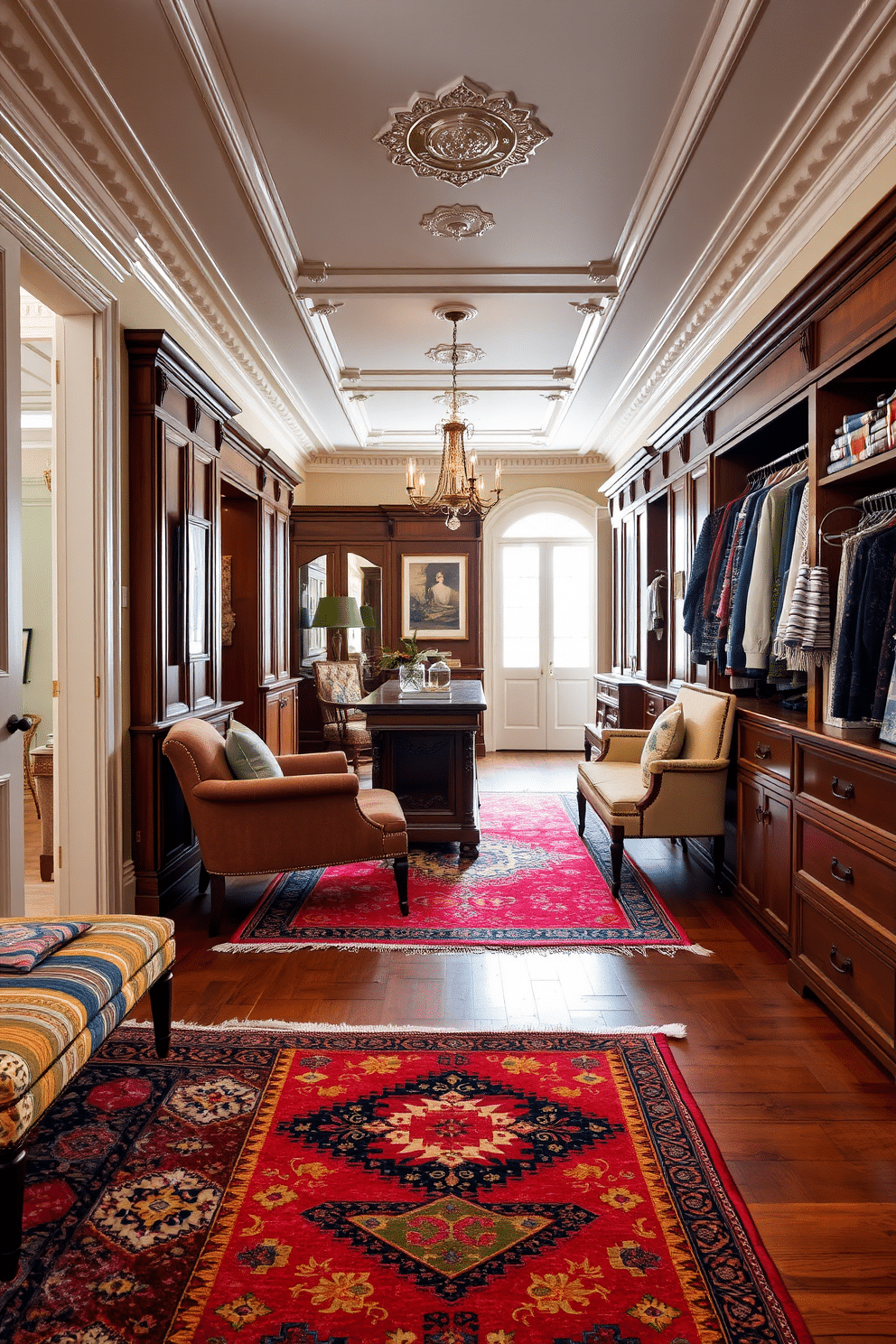 A cozy and inviting space featuring colorful rugs that add warmth and texture to the room. The rugs are layered over a hardwood floor, with vibrant patterns that complement the surrounding decor. An elegant Victorian walk-in closet designed with rich wood cabinetry and intricate moldings. The space is adorned with vintage-inspired fixtures, plush seating, and a central island for accessories, creating a luxurious dressing area.