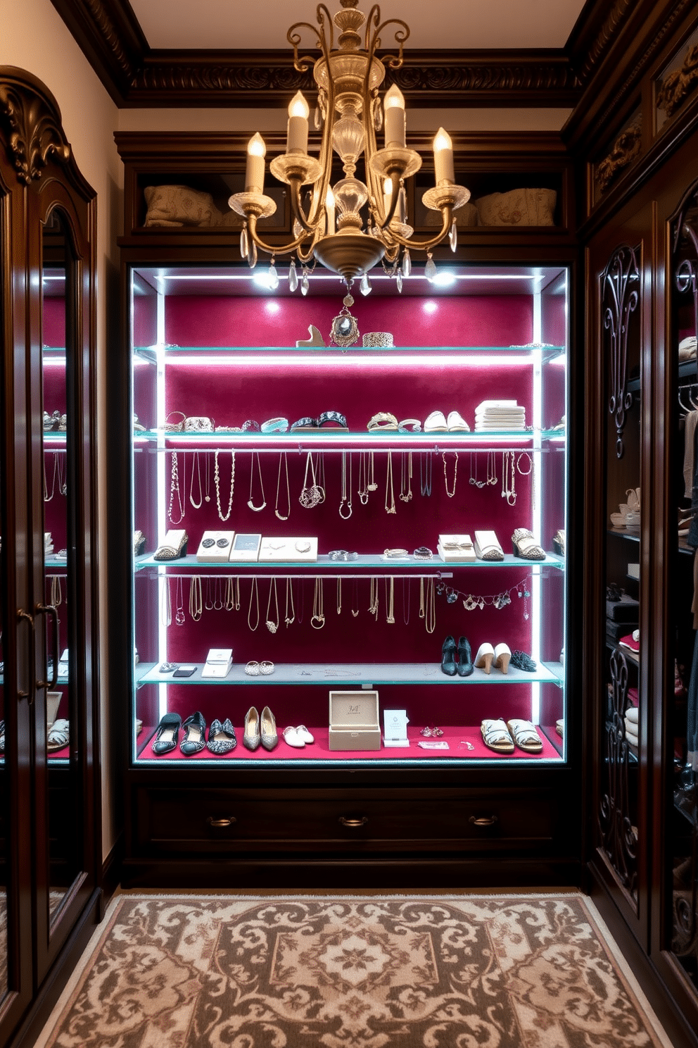 Elegant jewelry displays for organization. A sleek glass display case showcases an array of necklaces, bracelets, and rings, illuminated by soft LED lights. The backdrop features a rich velvet fabric in deep burgundy, adding a touch of luxury to the presentation. Victorian Walk-In-Closet Design Ideas. The closet features ornate wooden cabinetry with intricate carvings, housing an assortment of shoes and accessories. A plush, patterned rug in muted tones lies beneath a vintage chandelier that casts a warm glow over the space.